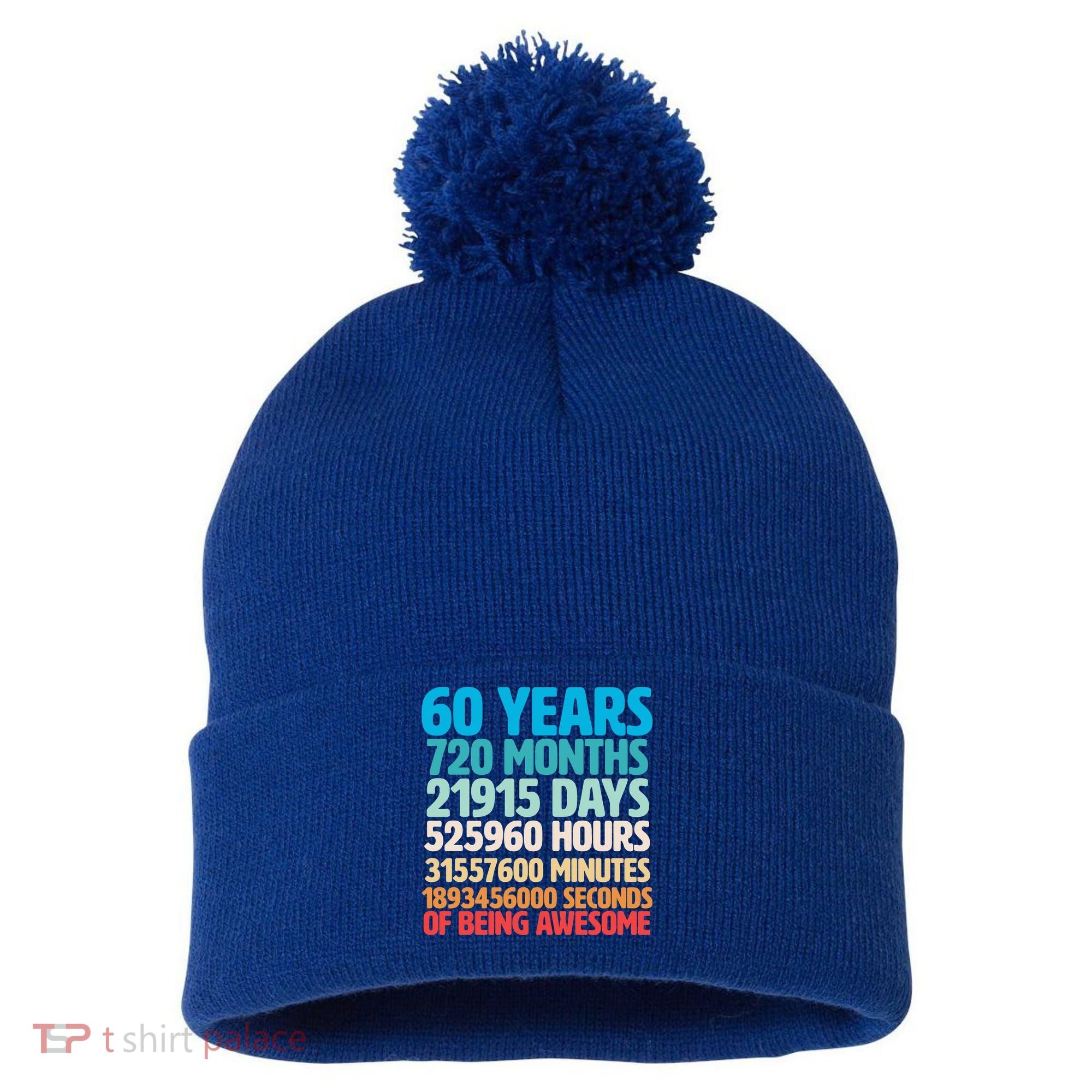 60 Years Of Being Awesome 60th Birthday Time Breakdown Pom Pom 12in Knit Beanie