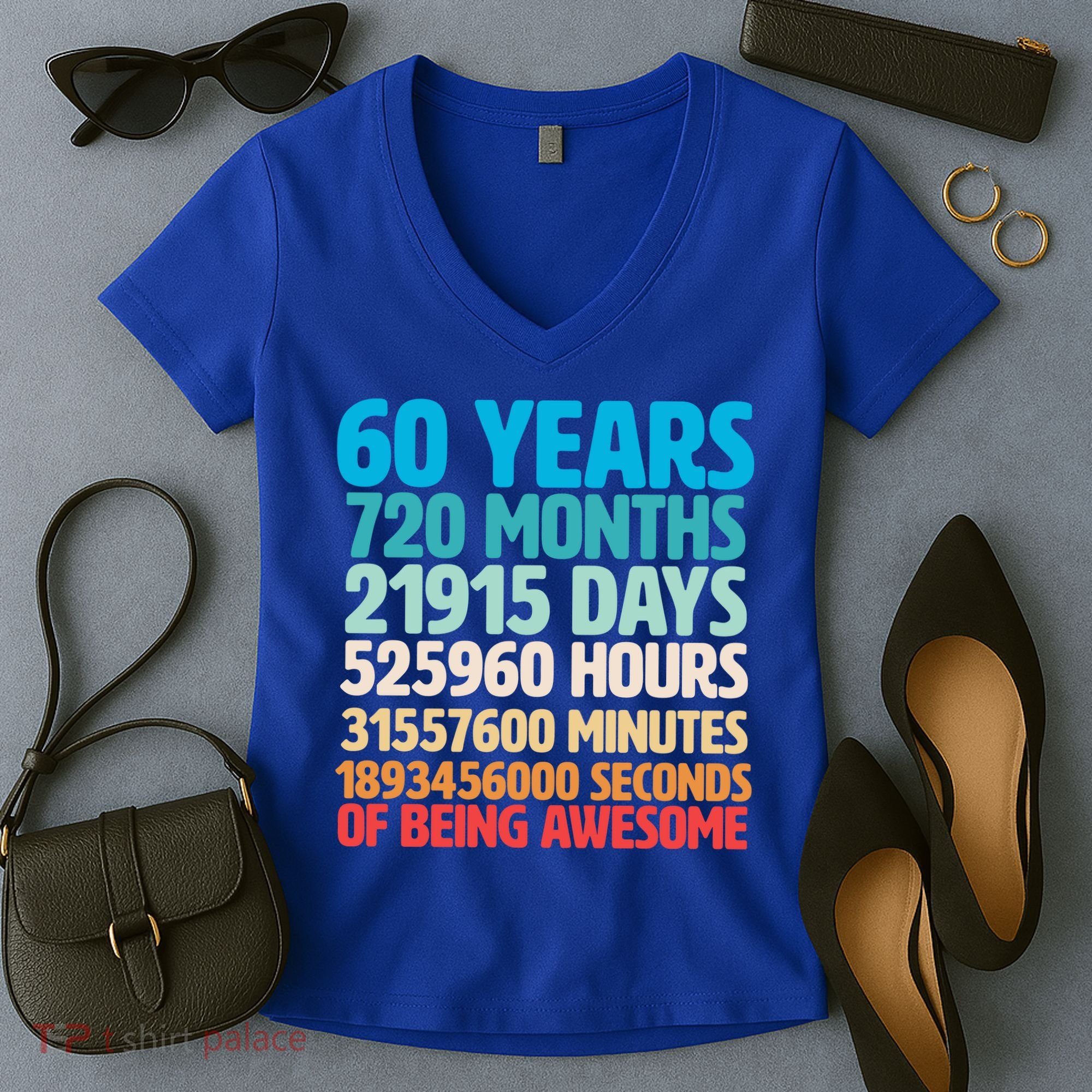 60 Years Of Being Awesome 60th Birthday Time Breakdown Women's V-Neck T-Shirt