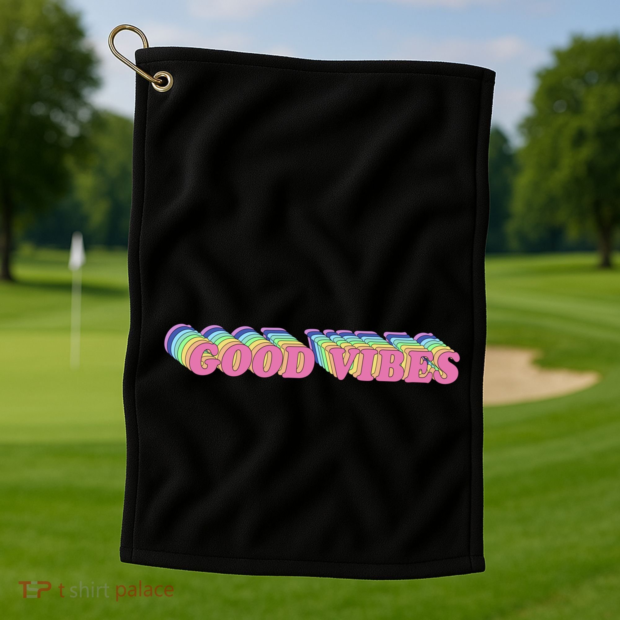 70s Retro Groovy Hippie Good Vibes Repeat Golf Towel