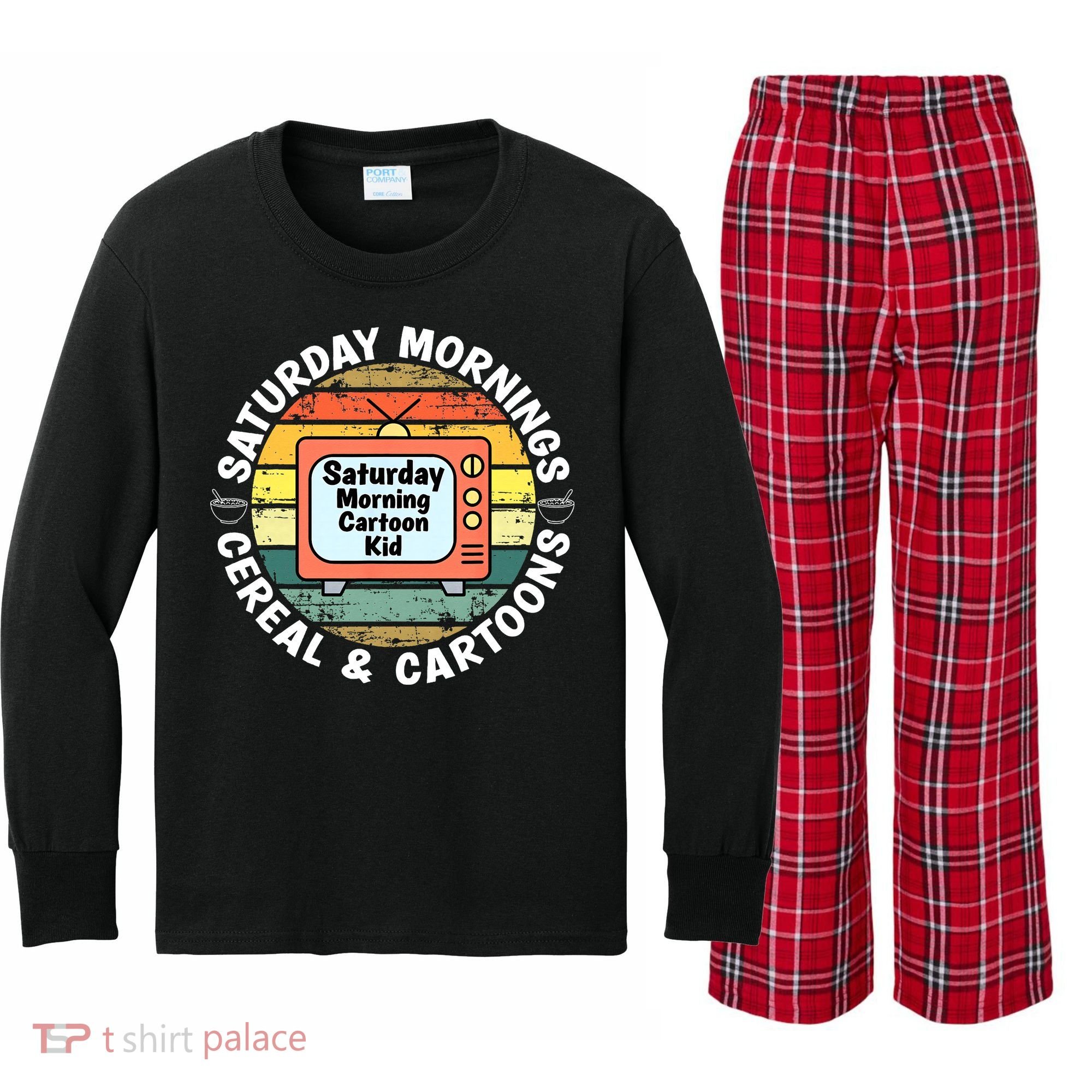 70s 80s 90s Retro Saturday Mornings Cereal And Cartoons Kids Long Sleeve Plaid Pajama Set