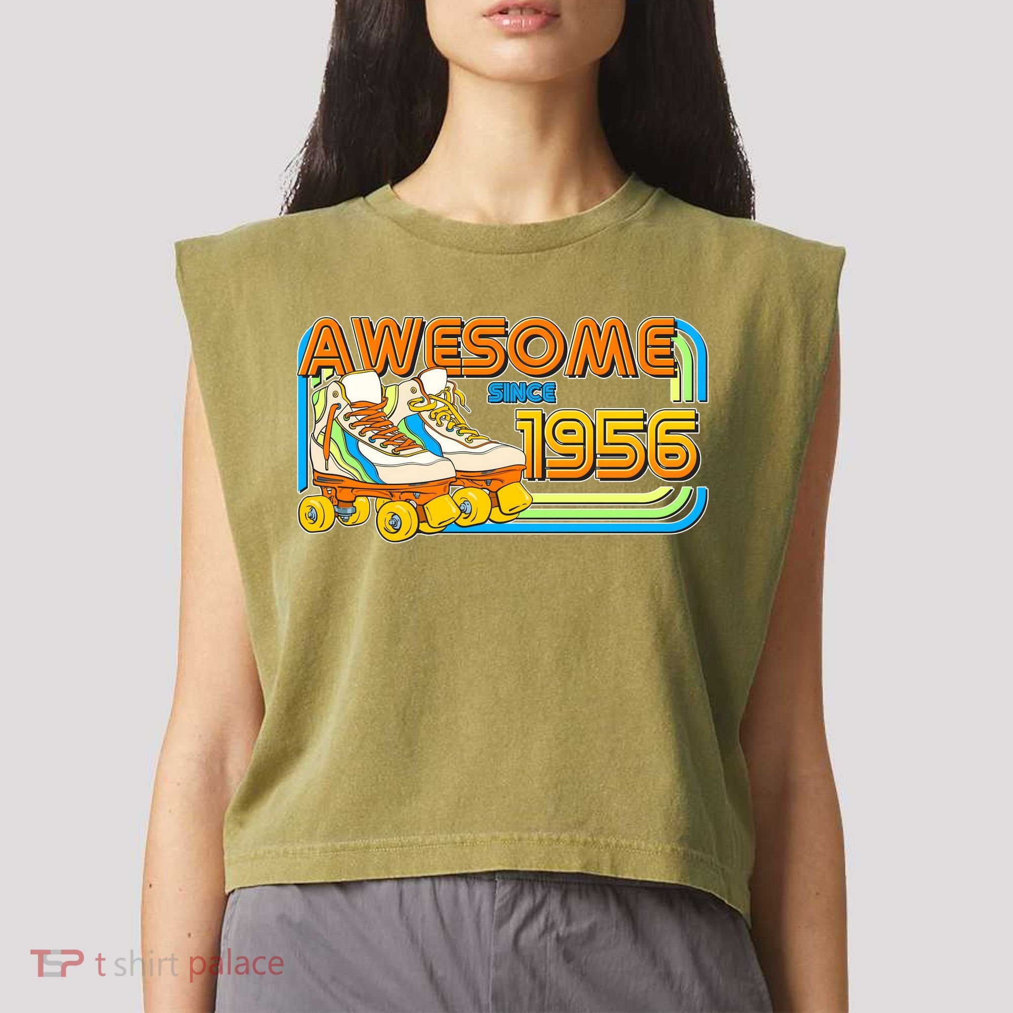 70th Birthday Awesome Since 1956 Retro Roller Skates  Garment-Dyed Women's Muscle Tee