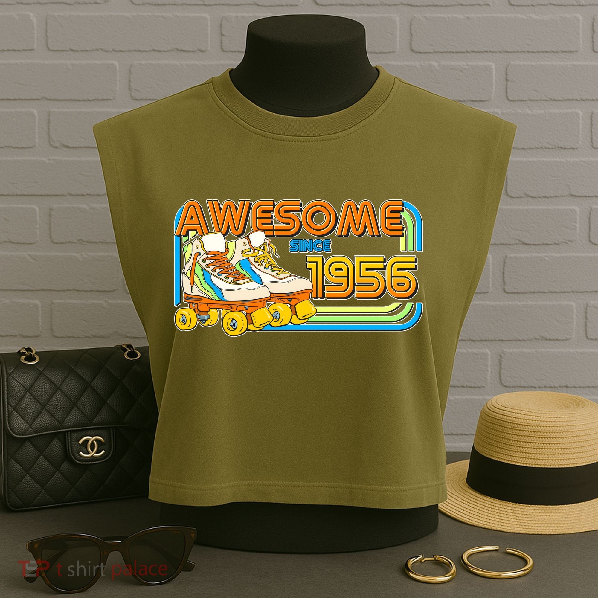 70th Birthday Awesome Since 1956 Retro Roller Skates  Garment-Dyed Women's Muscle Tee