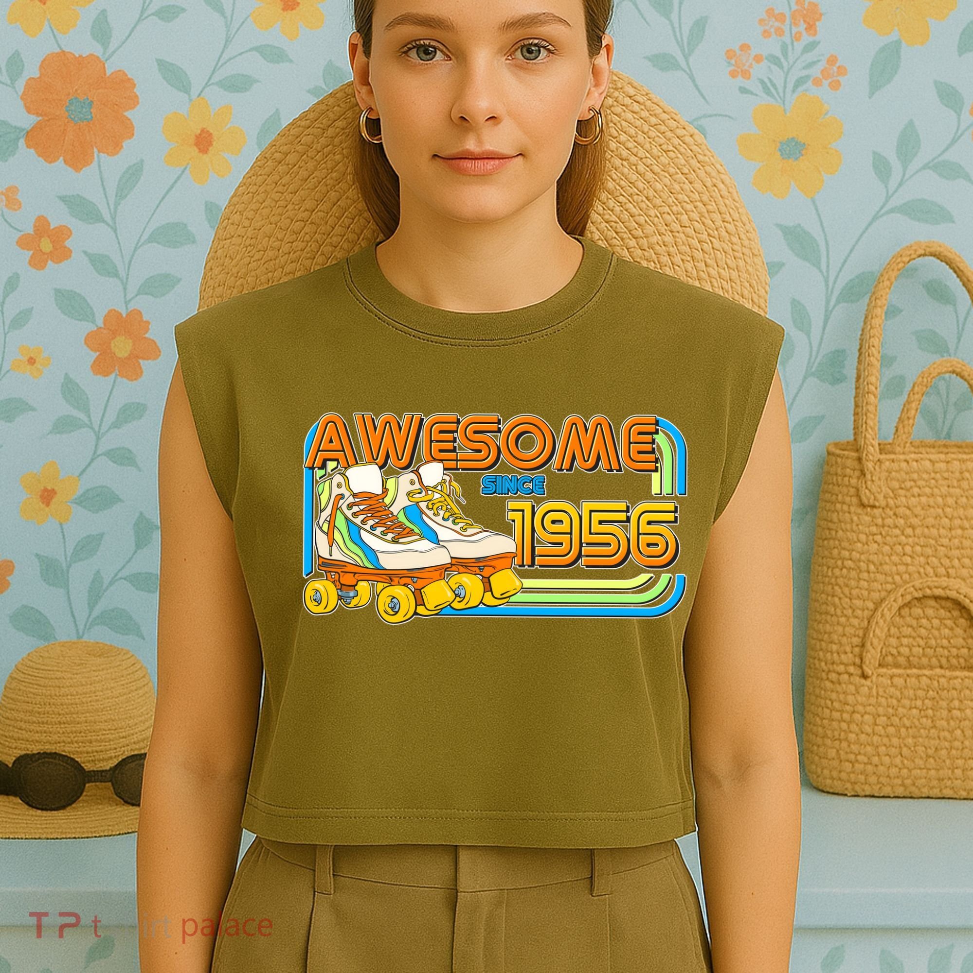 70th Birthday Awesome Since 1956 Retro Roller Skates  Garment-Dyed Women's Muscle Tee