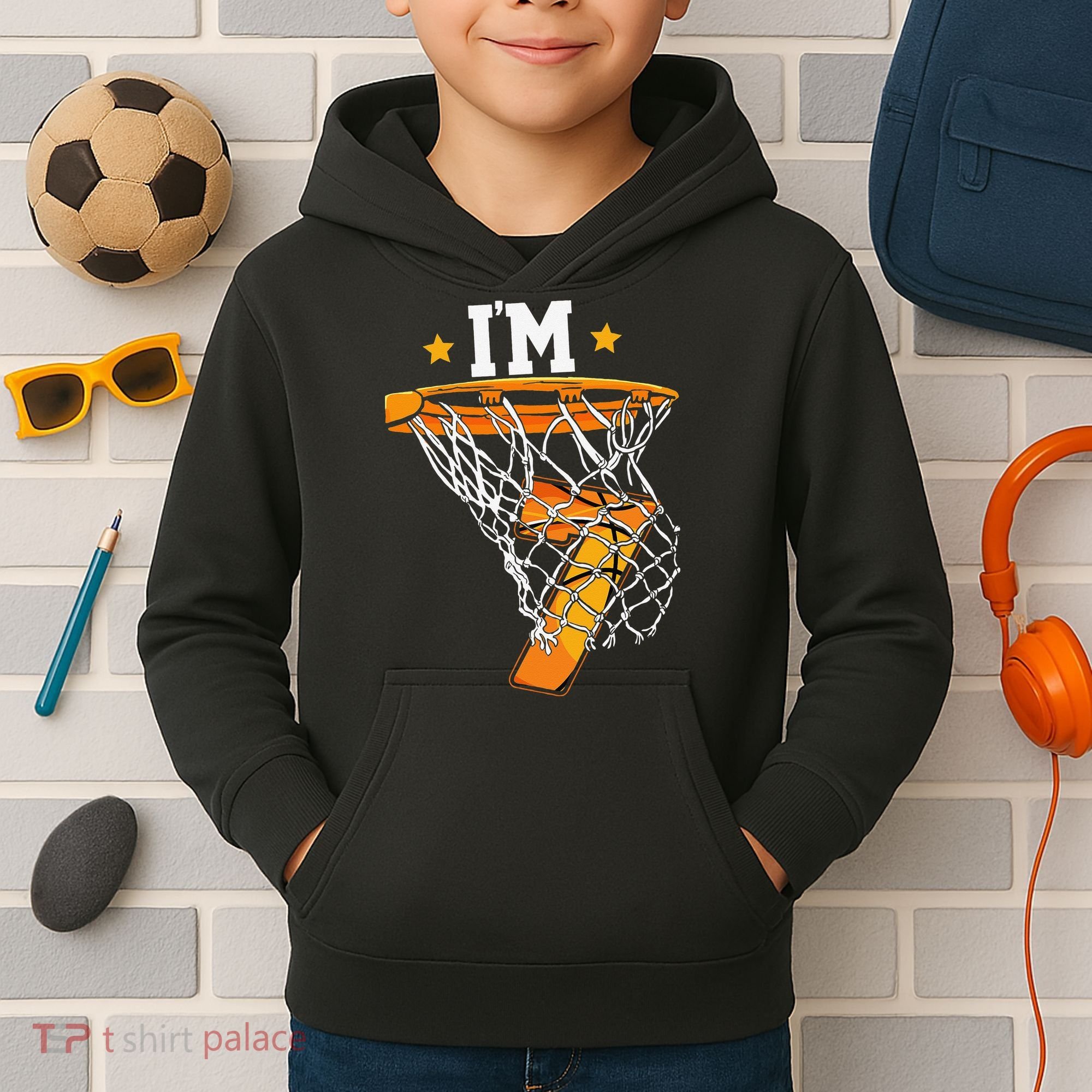 7th Birthday Basketball I'm 7 for 7th Birthday Kids Hoodie