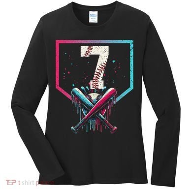 7th Birthday Baseball Home Plate Drip Ice Cream Sprinkle 1 Gift Women's Long Sleeve Shirt
