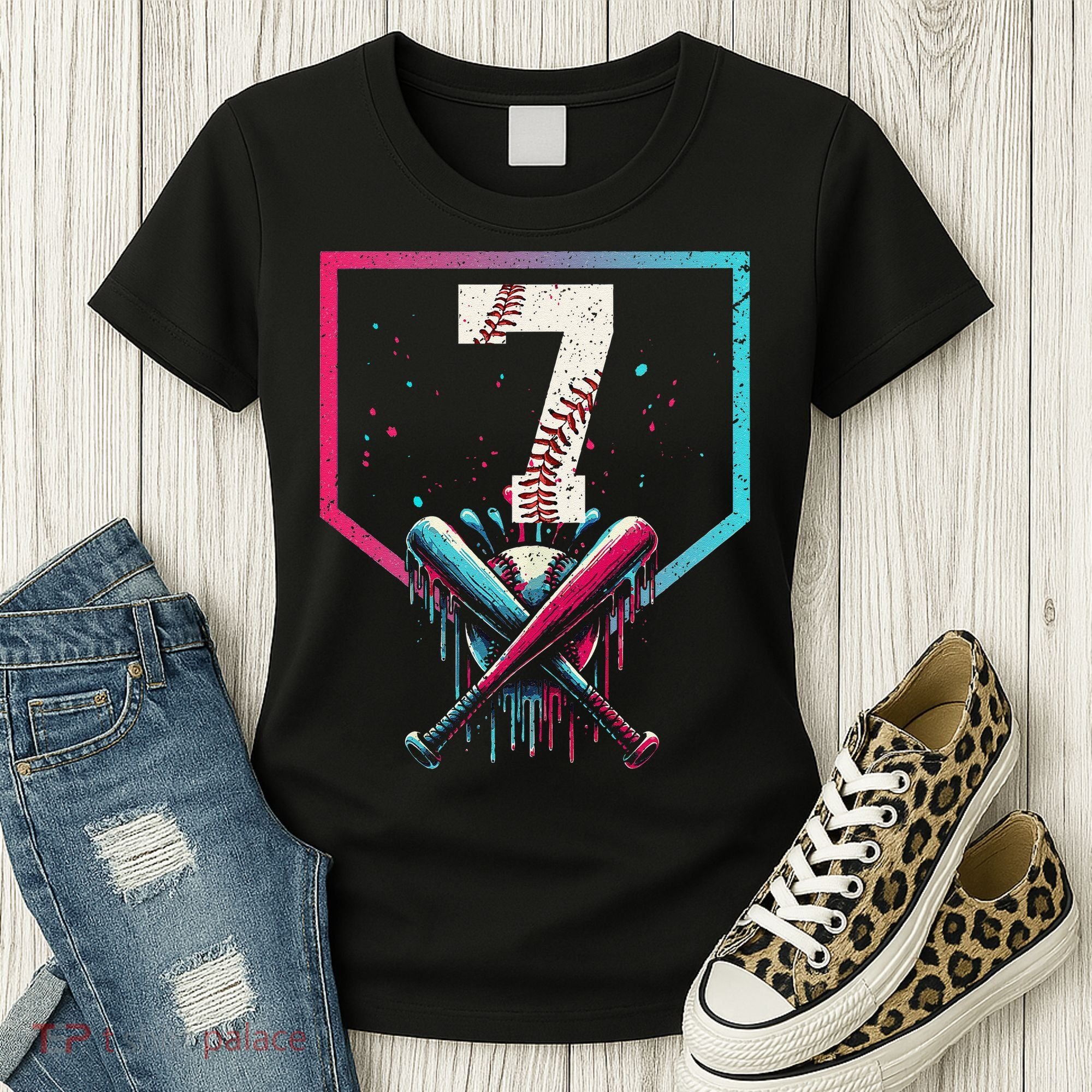 7th Birthday Baseball Home Plate Drip Ice Cream Sprinkle 1 Gift Women's T-Shirt