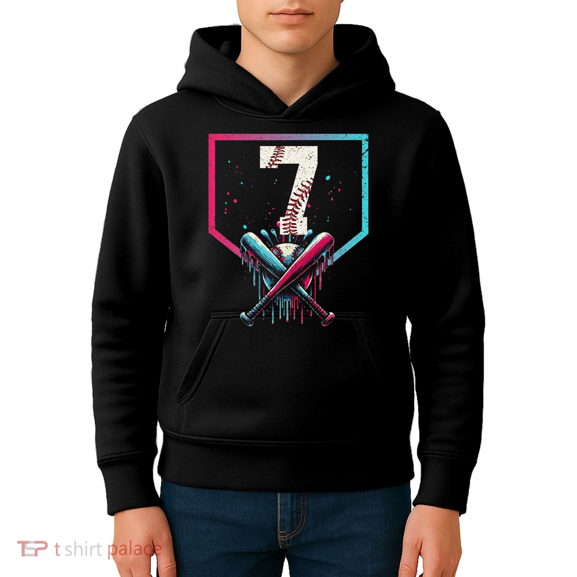 7th Birthday Baseball Home Plate Drip Ice Cream Sprinkle 1 Gift Kids Hoodie