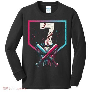 7th Birthday Baseball Home Plate Drip Ice Cream Sprinkle 1 Gift Kids Long Sleeve Shirt