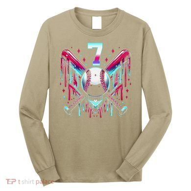 7th Birthday Baseball Home Plate Drip Ice Cream Sprinkle Gift Long Sleeve Shirt