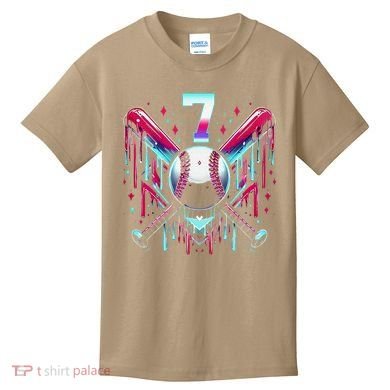 7th Birthday Baseball Home Plate Drip Ice Cream Sprinkle Gift Kids T-Shirt
