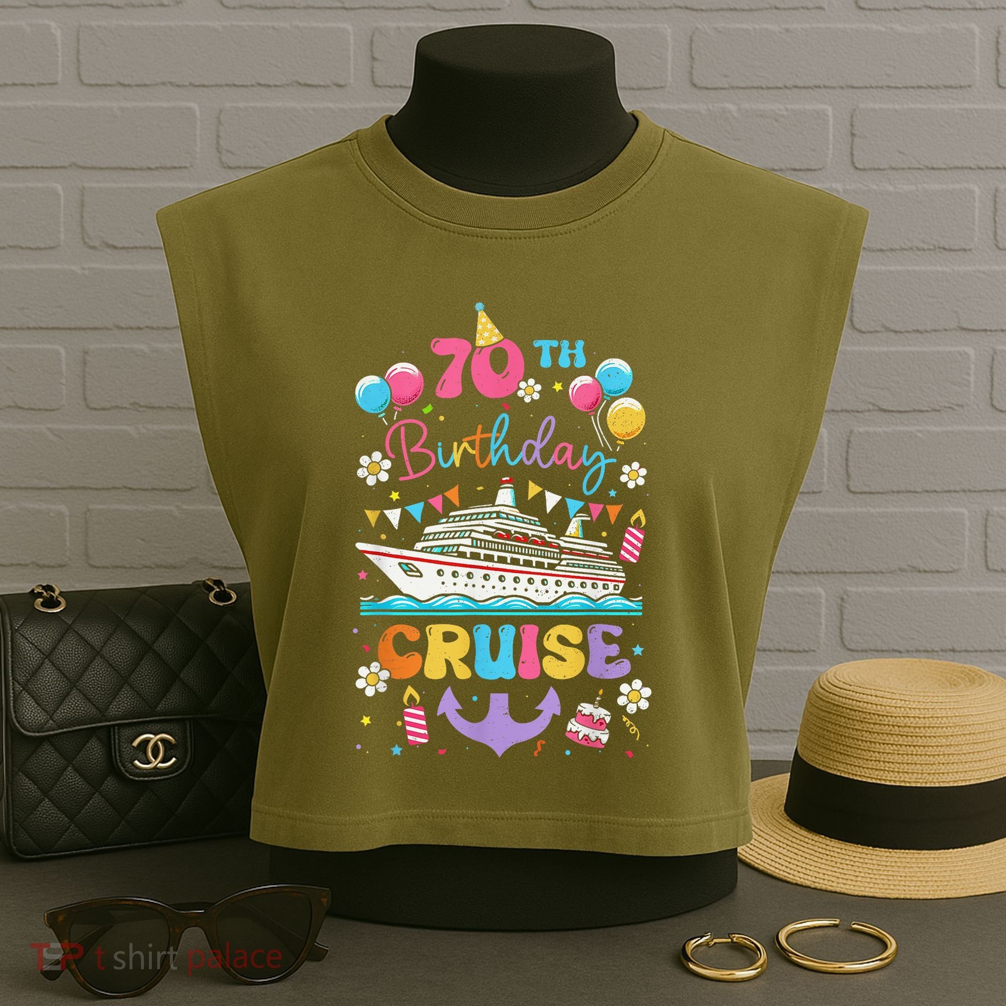 70th Birthday Cruise 70 Years Old Birthday Cruising Crew Garment-Dyed Women's Muscle Tee