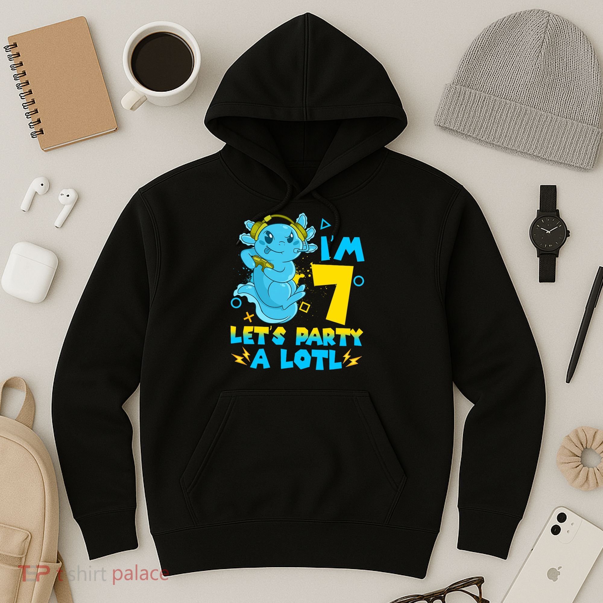 7th Birthday Cute Axolotl 7 Year Old Video Gamer Hoodie