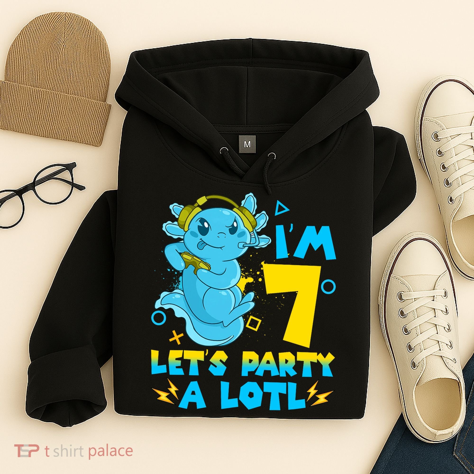 7th Birthday Cute Axolotl 7 Year Old Video Gamer Hoodie