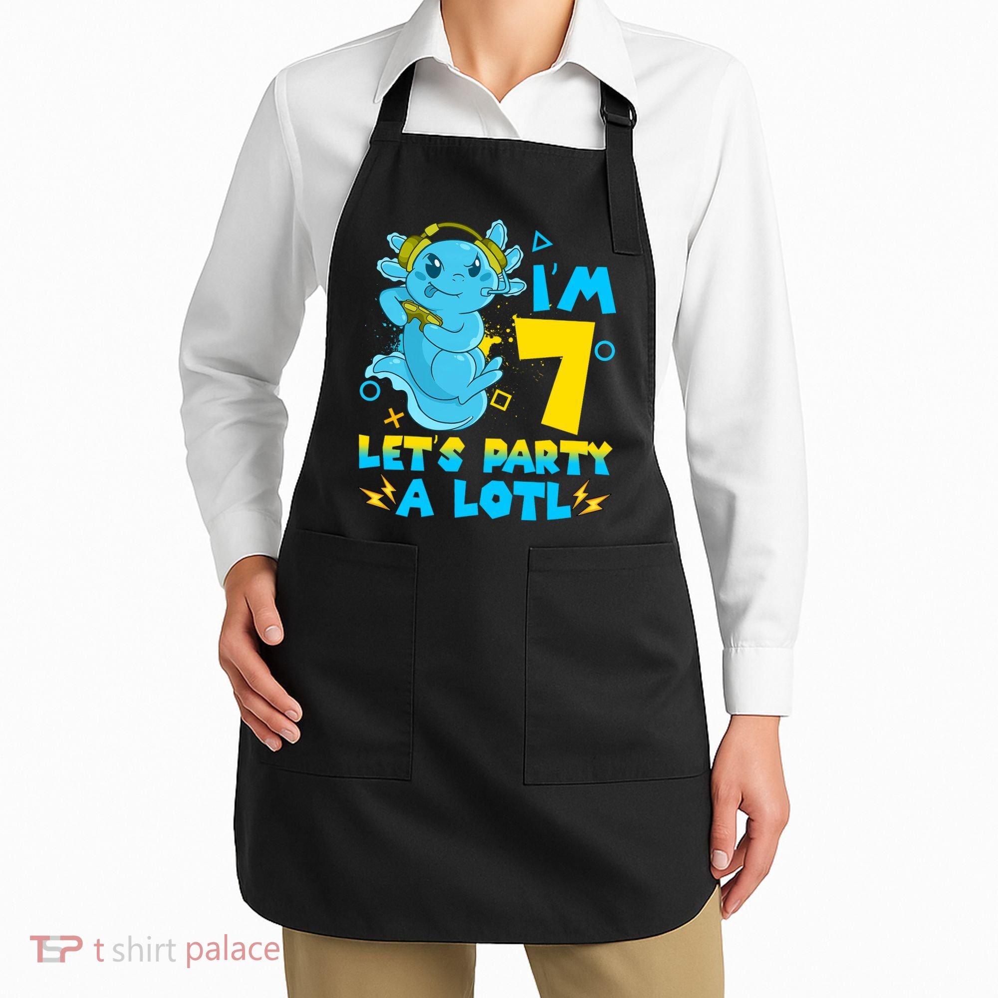 7th Birthday Cute Axolotl 7 Year Old Video Gamer Apron