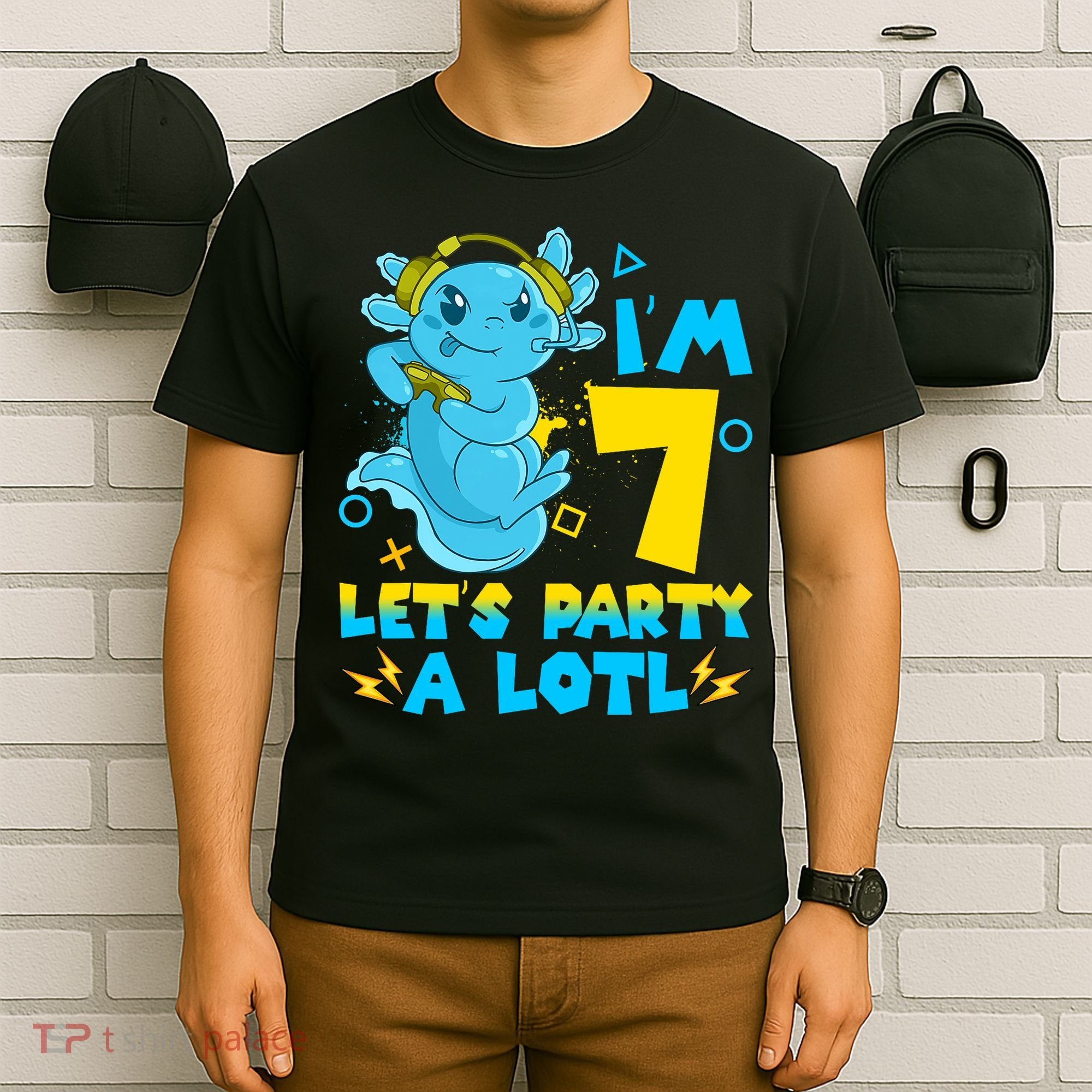 7th Birthday Cute Axolotl 7 Year Old Video Gamer T-Shirt