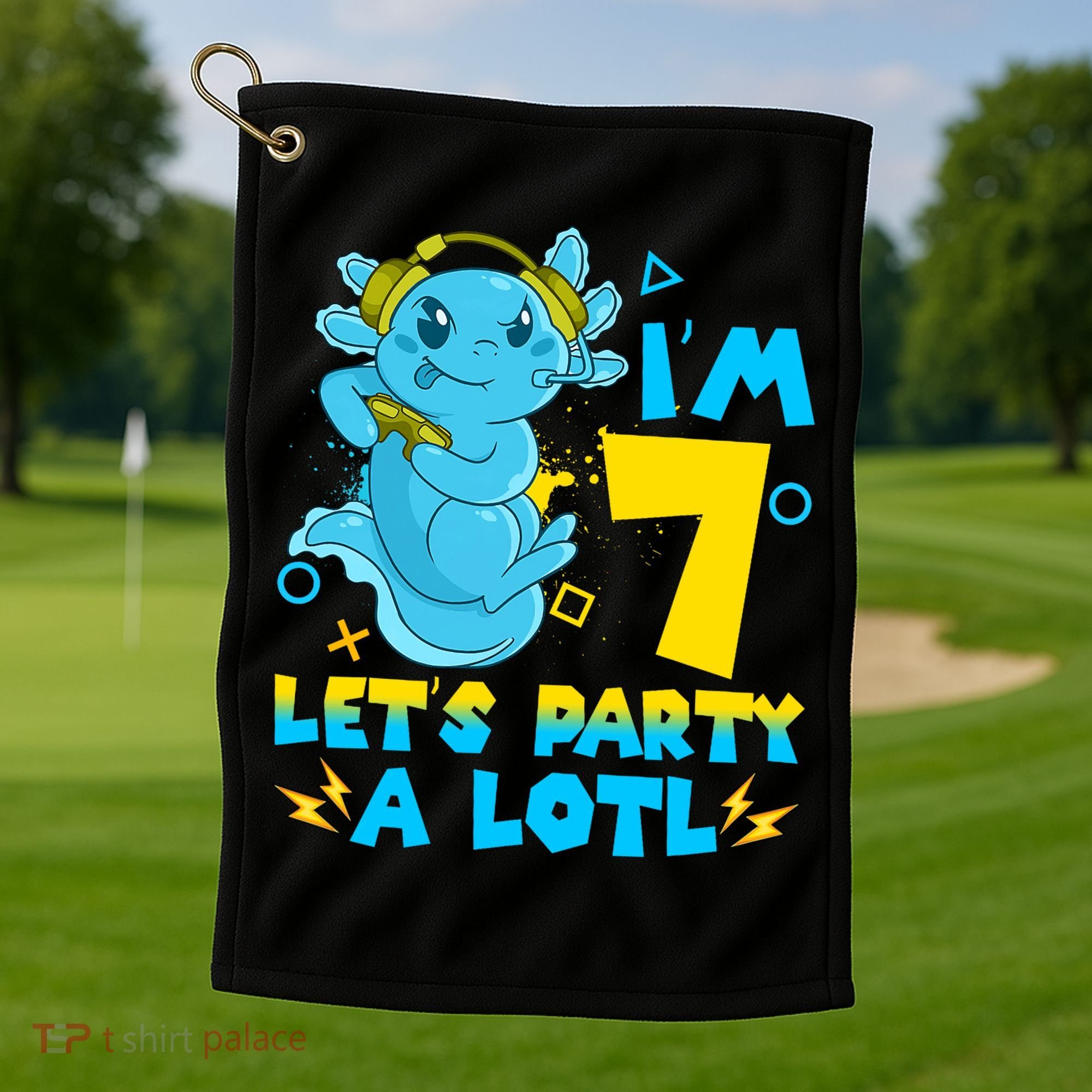 7th Birthday Cute Axolotl 7 Year Old Video Gamer Golf Towel