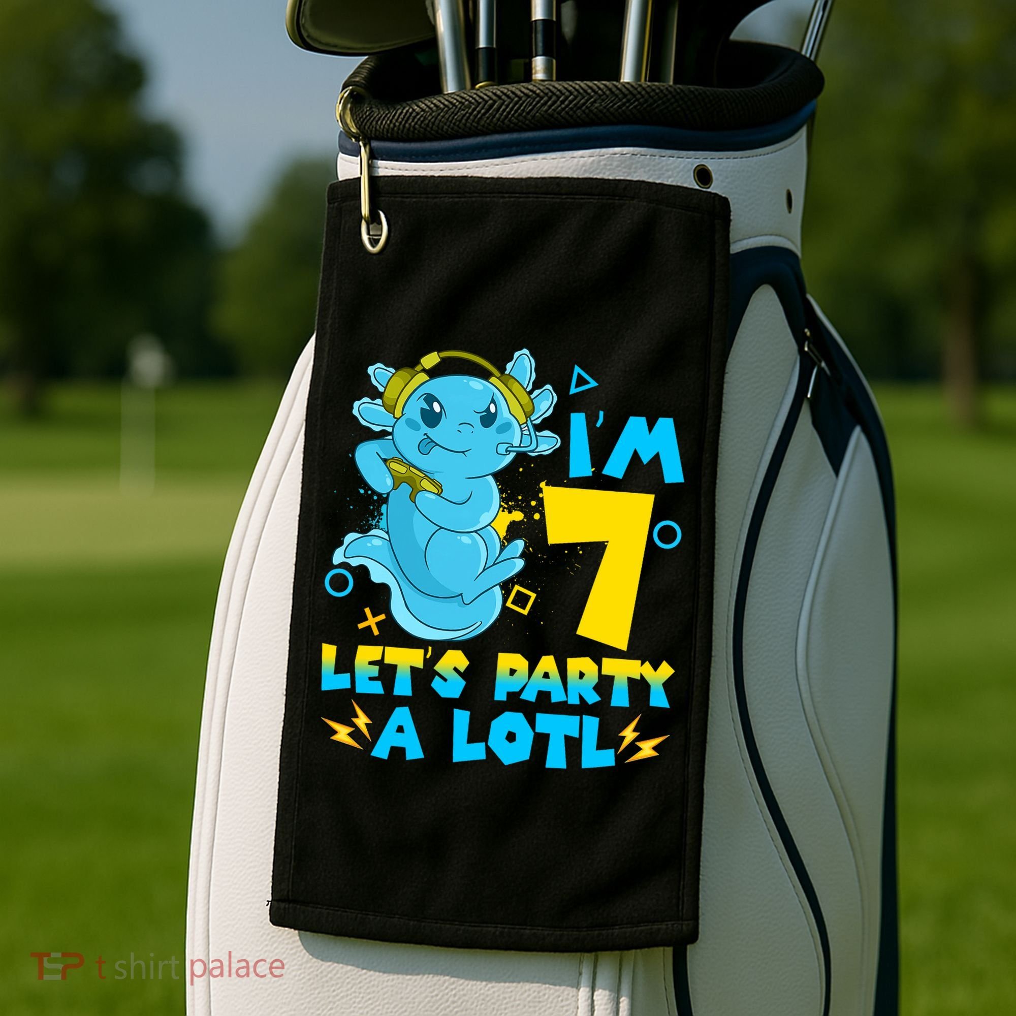 7th Birthday Cute Axolotl 7 Year Old Video Gamer Golf Towel