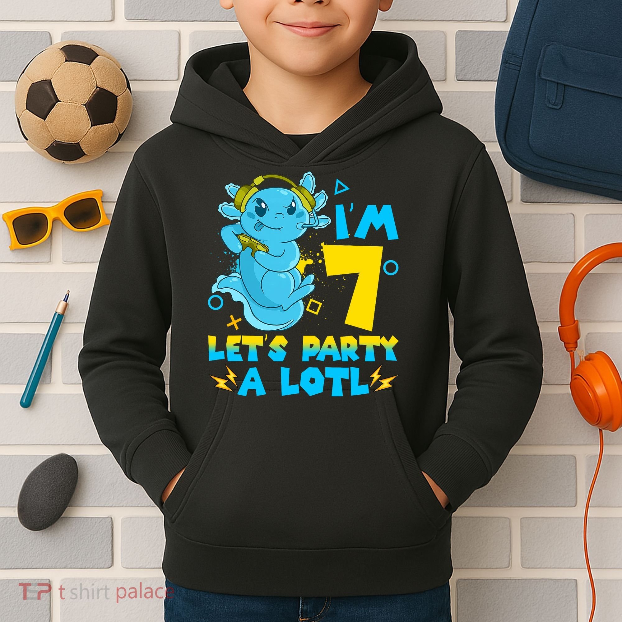 7th Birthday Cute Axolotl 7 Year Old Video Gamer Kids Hoodie