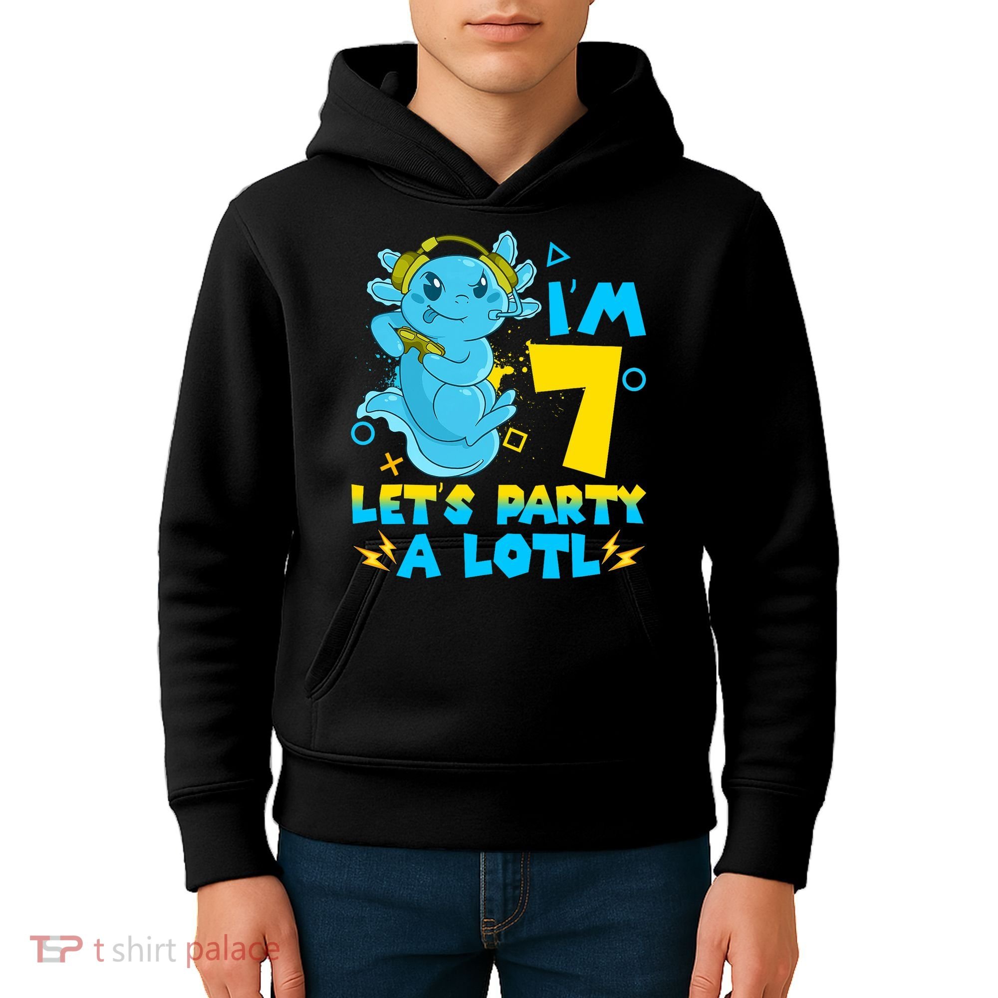 7th Birthday Cute Axolotl 7 Year Old Video Gamer Kids Hoodie