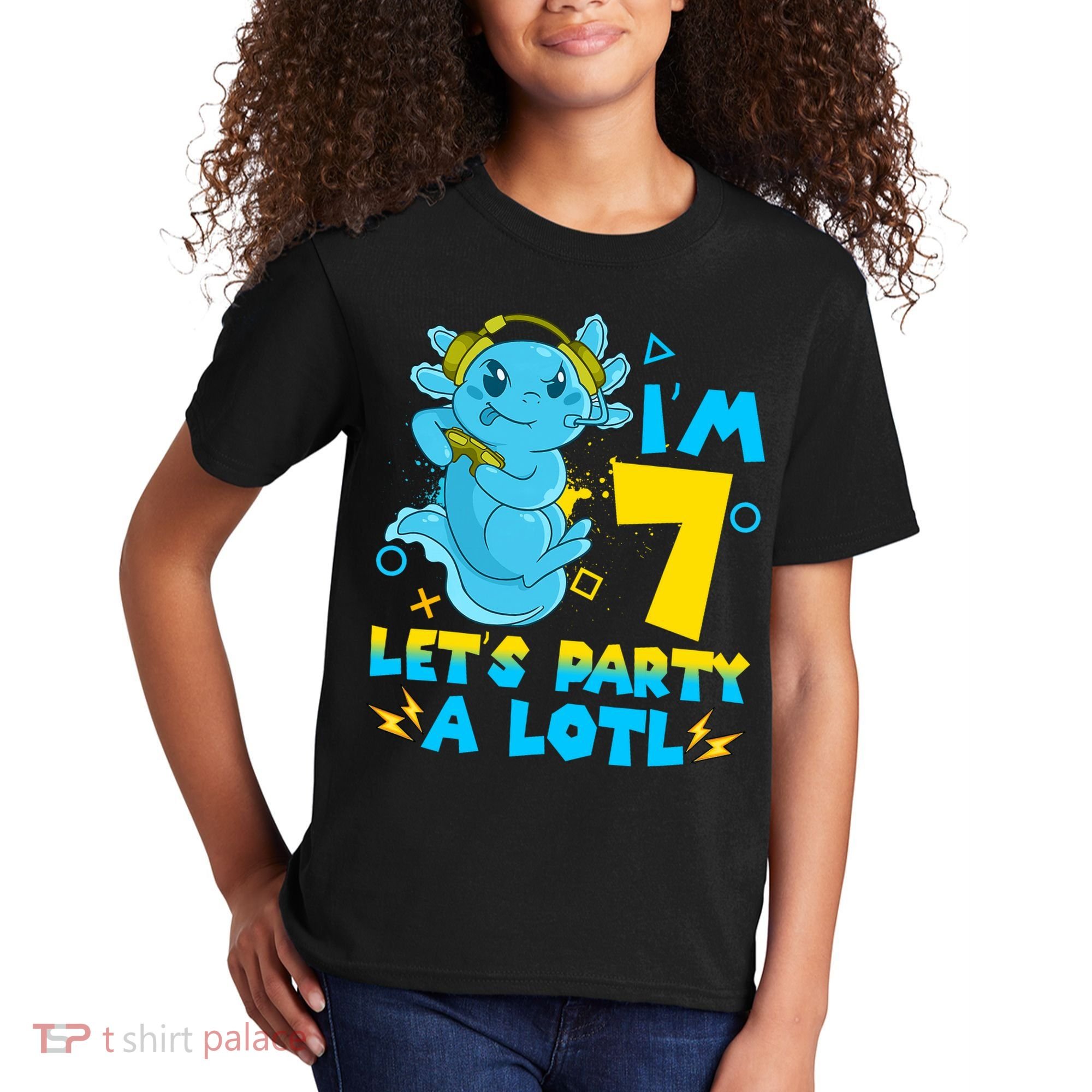 7th Birthday Cute Axolotl 7 Year Old Video Gamer Kids T-Shirt