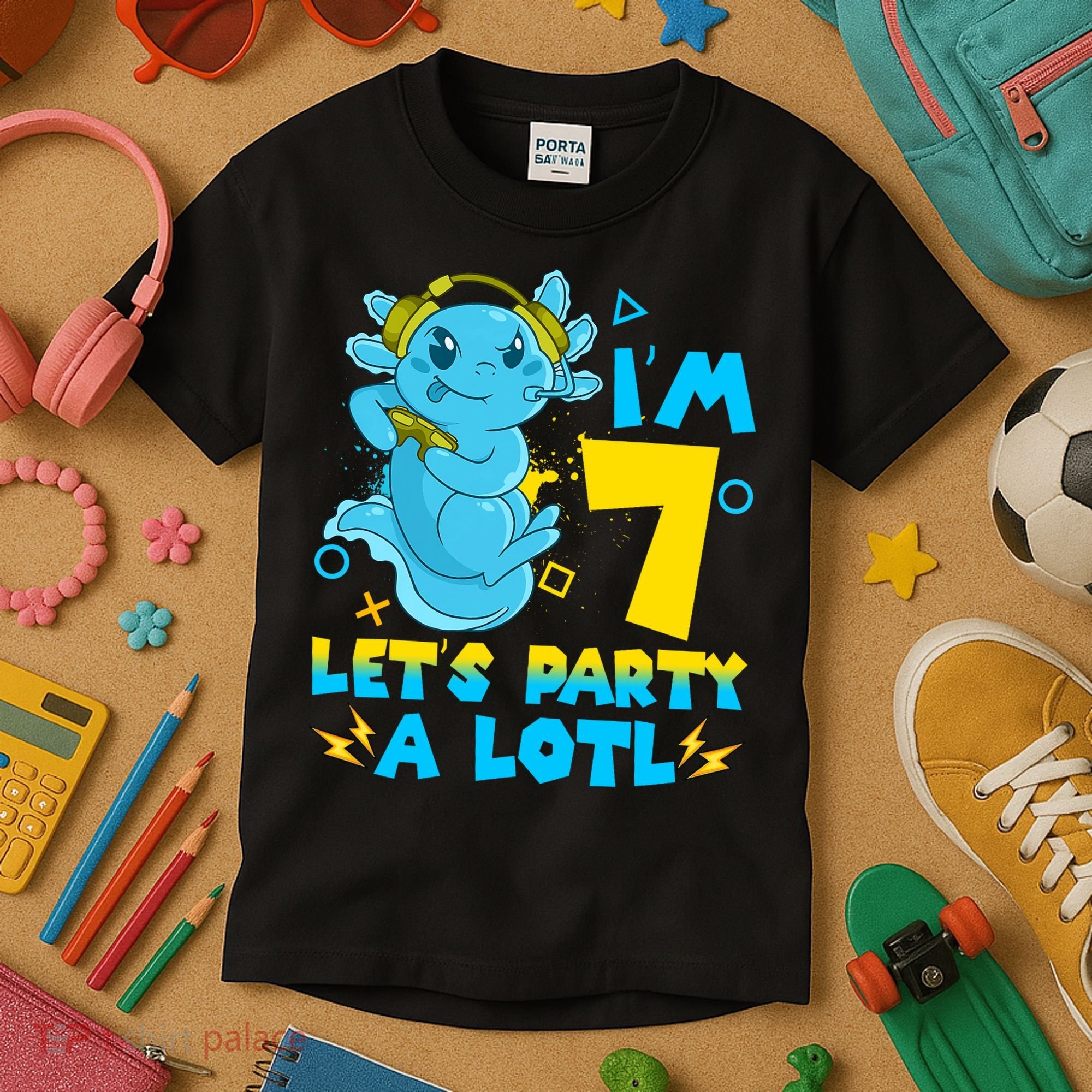 7th Birthday Cute Axolotl 7 Year Old Video Gamer Kids T-Shirt