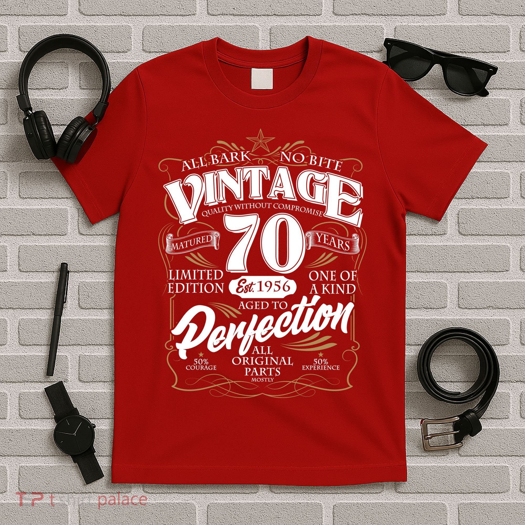 70th Birthday Est 1956 All Bark No Bite Vintage Birthday  T-Shirt