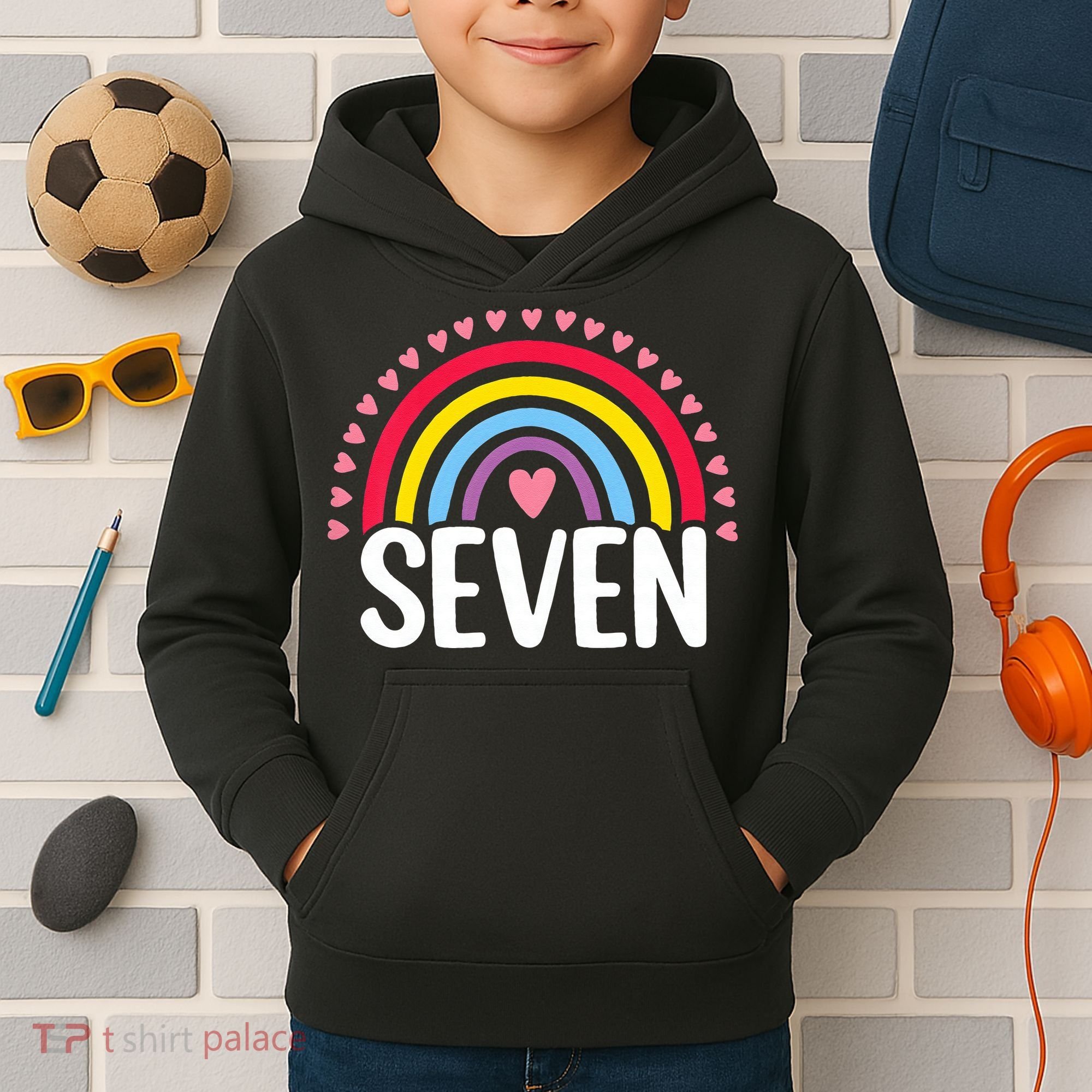 7th Birthday Gift Rainbow Fan 7 Years Olds 7 Bday Cute Kids Hoodie