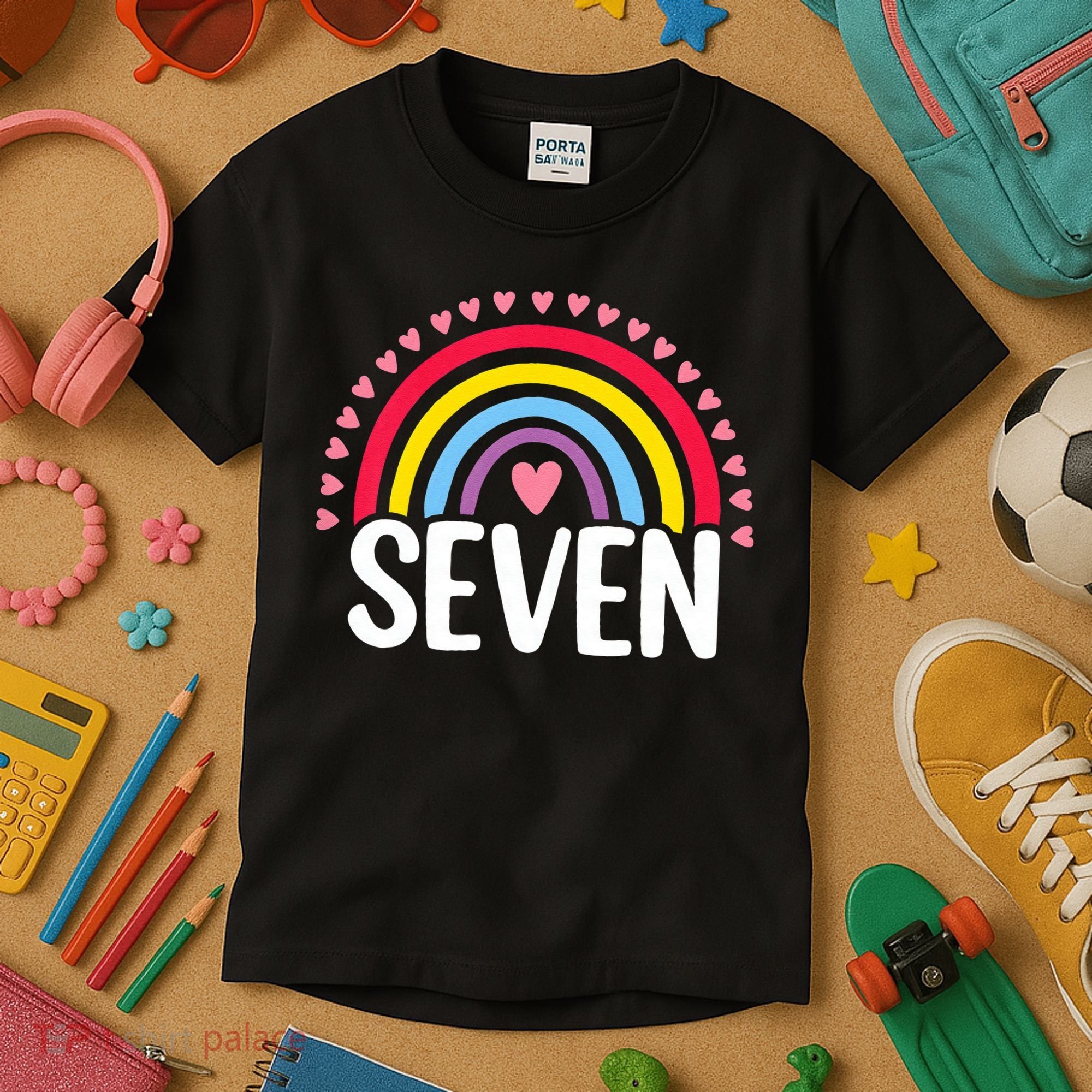 7th Birthday Gift Rainbow Fan 7 Years Olds 7 Bday Cute Kids T-Shirt