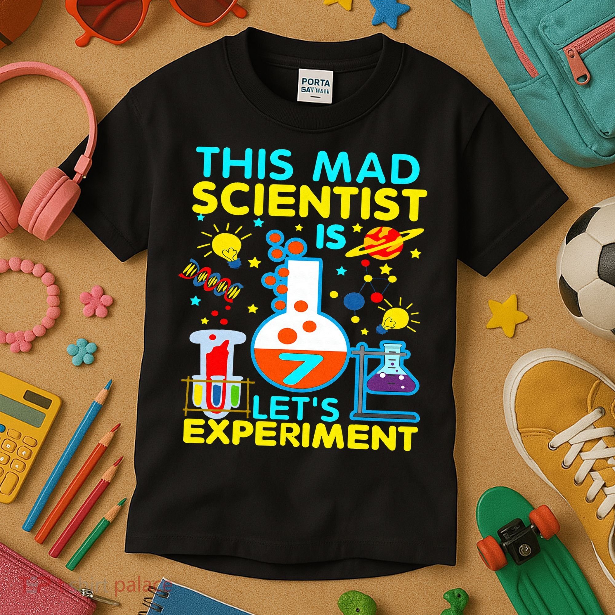 7th Birthday Gift This Mad Scientist Is 7 Let's Experiment Kids T-Shirt