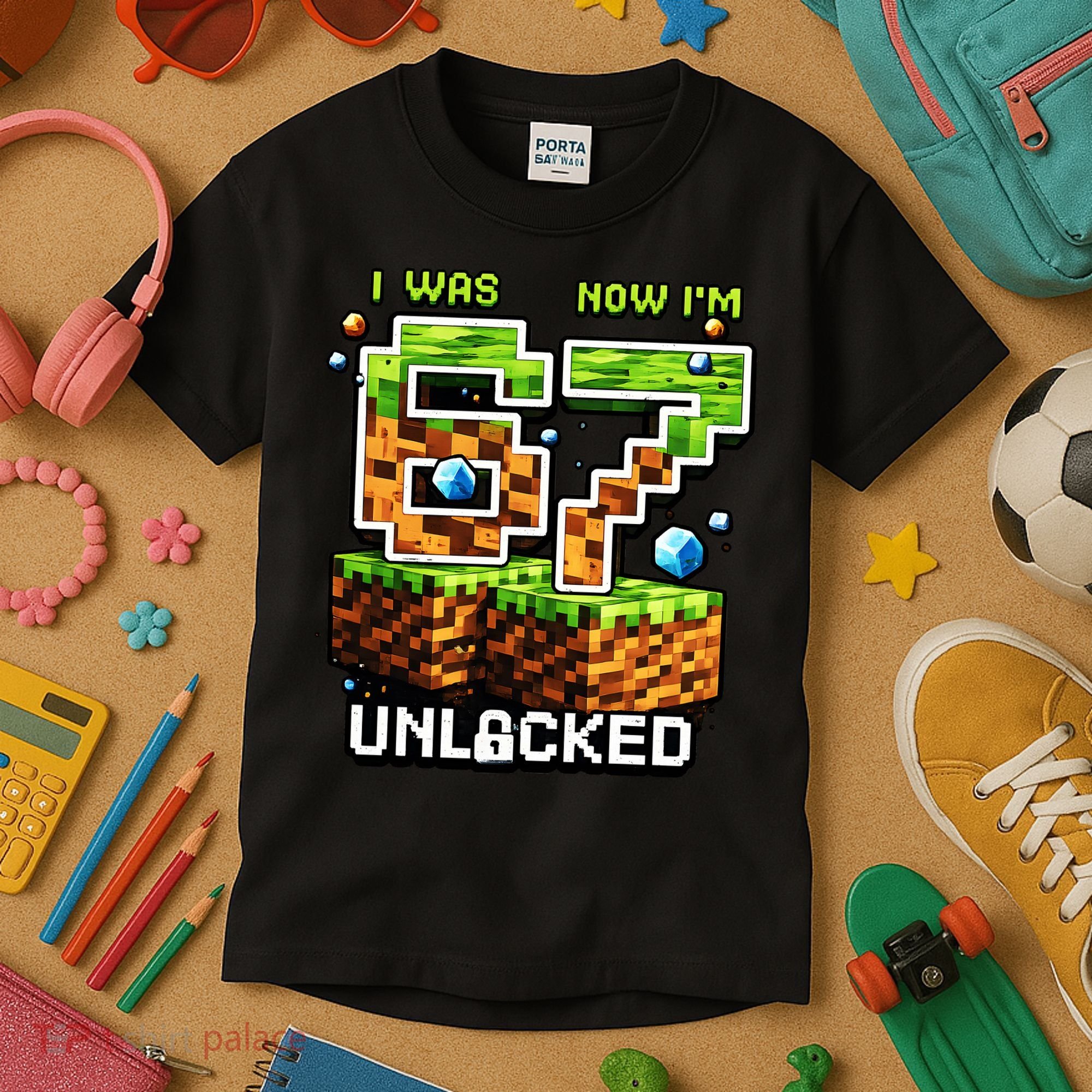 7th Birthday I Was 6 Now Im 7 Unlocked 67 Meme Kids T-Shirt