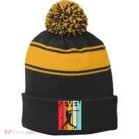 7th Birthday Retro Baseball 7 Years Old Stripe Pom Pom Beanie thumb 0