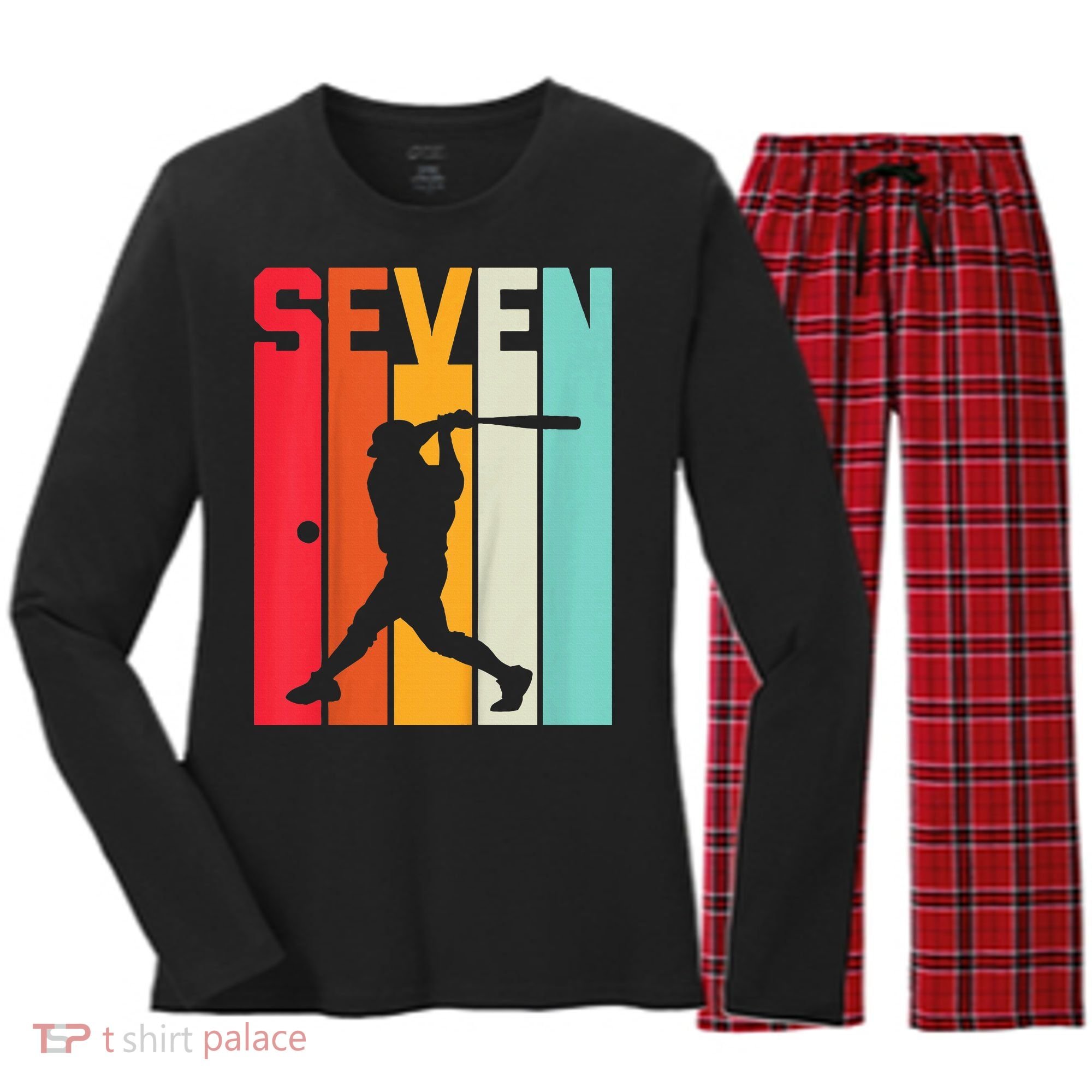 7th Birthday Retro Baseball 7 Years Old Women's Long Sleeve Flannel Pajama Set 