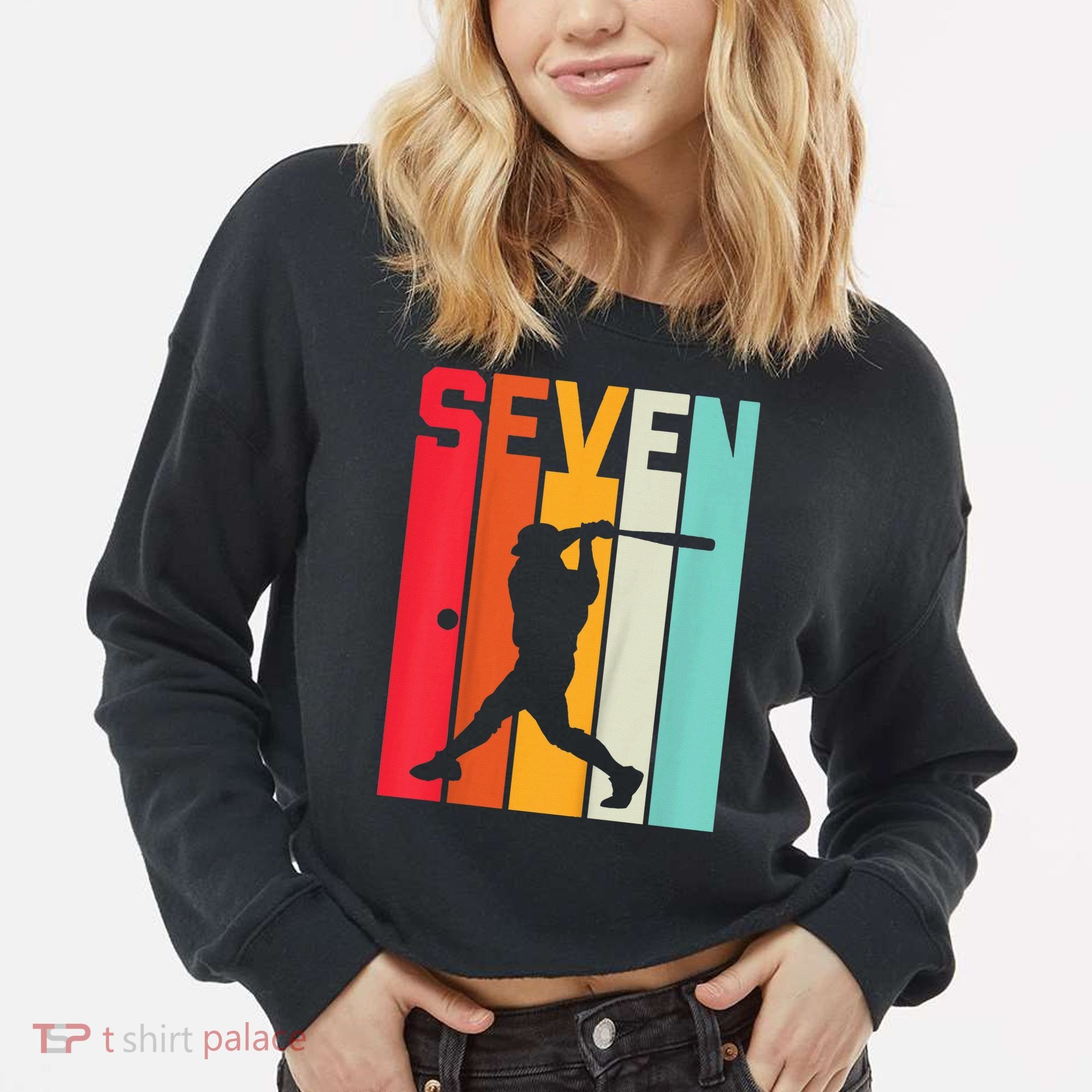 7th Birthday Retro Baseball 7 Years Old Cropped Pullover Crew