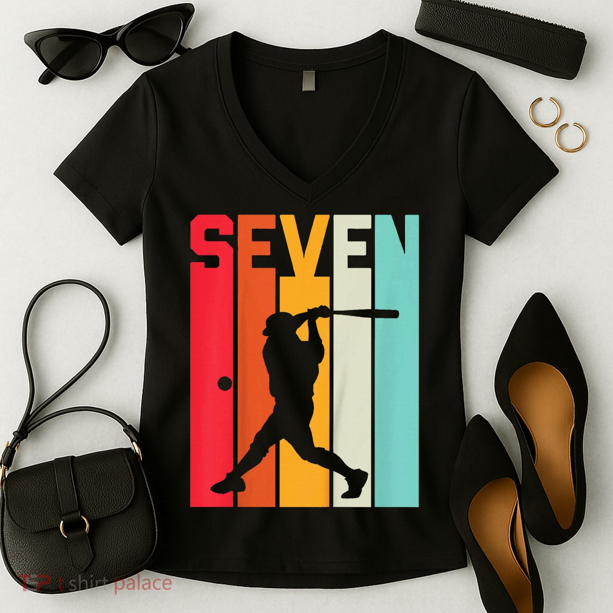 7th Birthday Retro Baseball 7 Years Old Women's V-Neck T-Shirt
