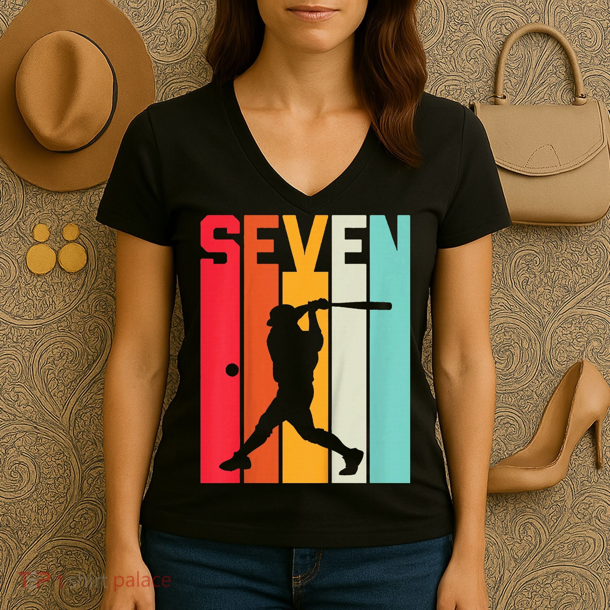 7th Birthday Retro Baseball 7 Years Old Women's V-Neck T-Shirt
