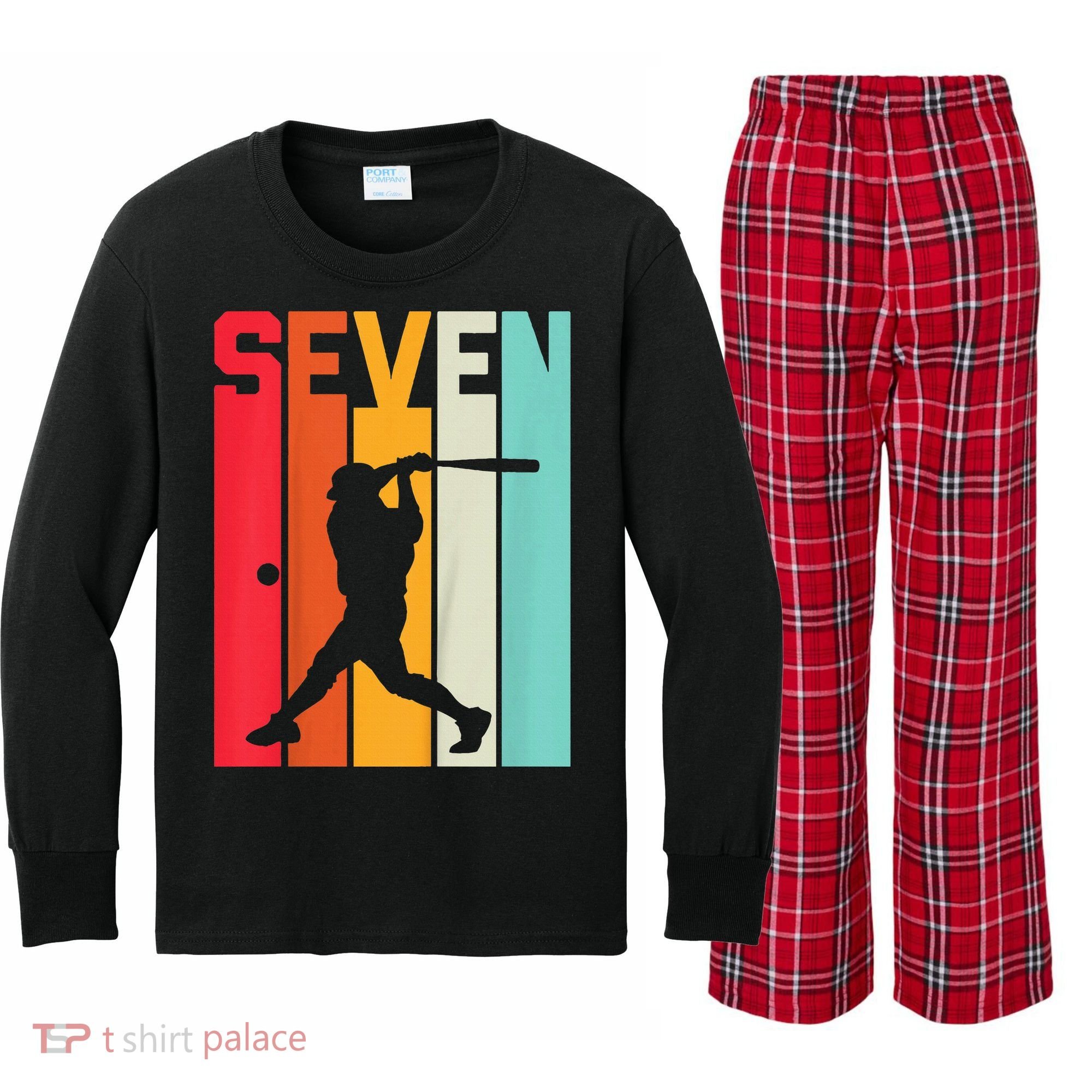 7th Birthday Retro Baseball 7 Years Old Kids Long Sleeve Plaid Pajama Set