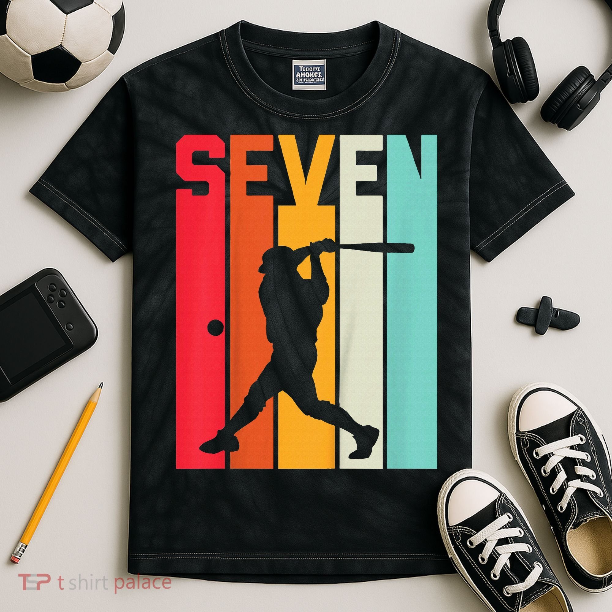 7th Birthday Retro Baseball 7 Years Old Kids Tie-Dye T-Shirt