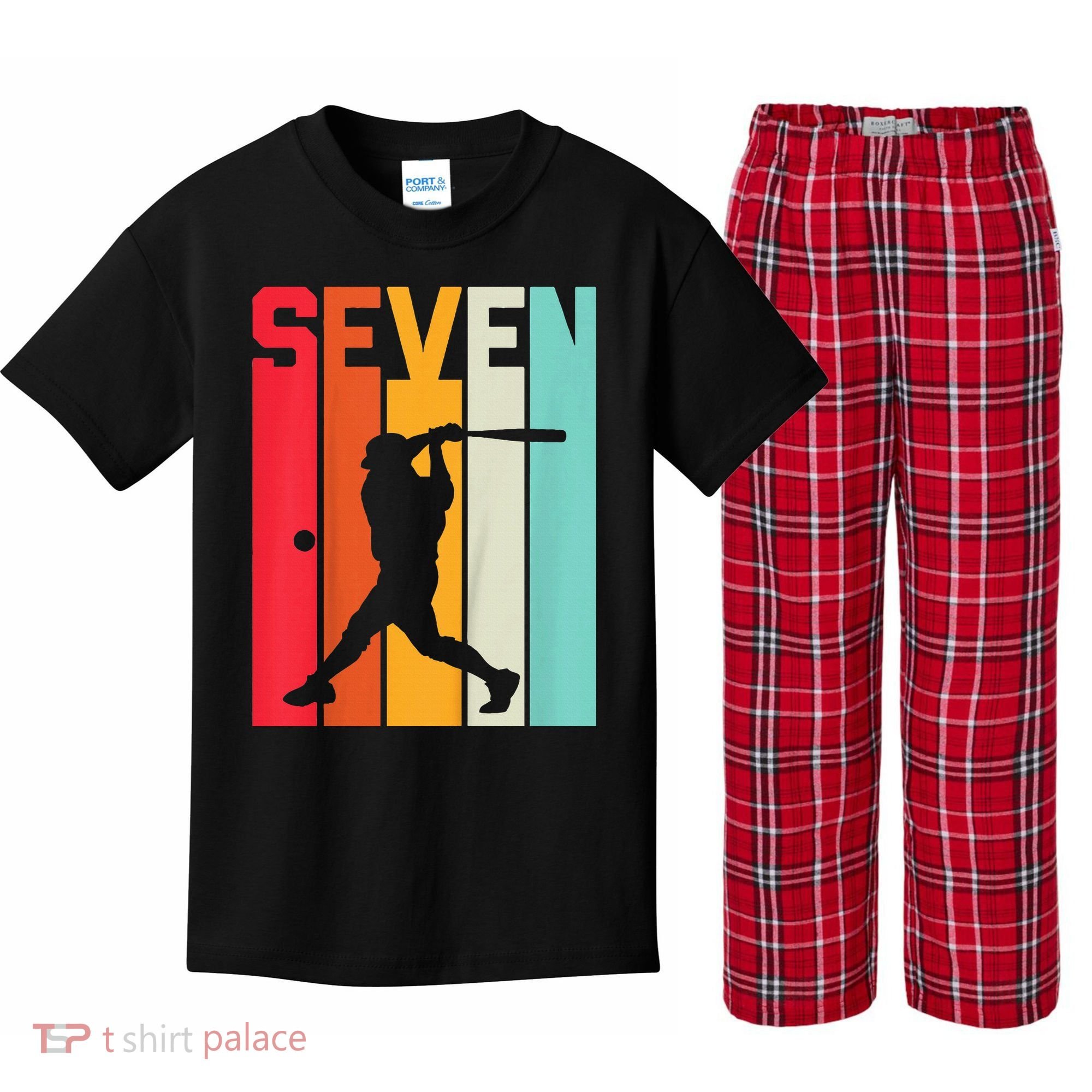 7th Birthday Retro Baseball 7 Years Old Kids Plaid Pajama Set