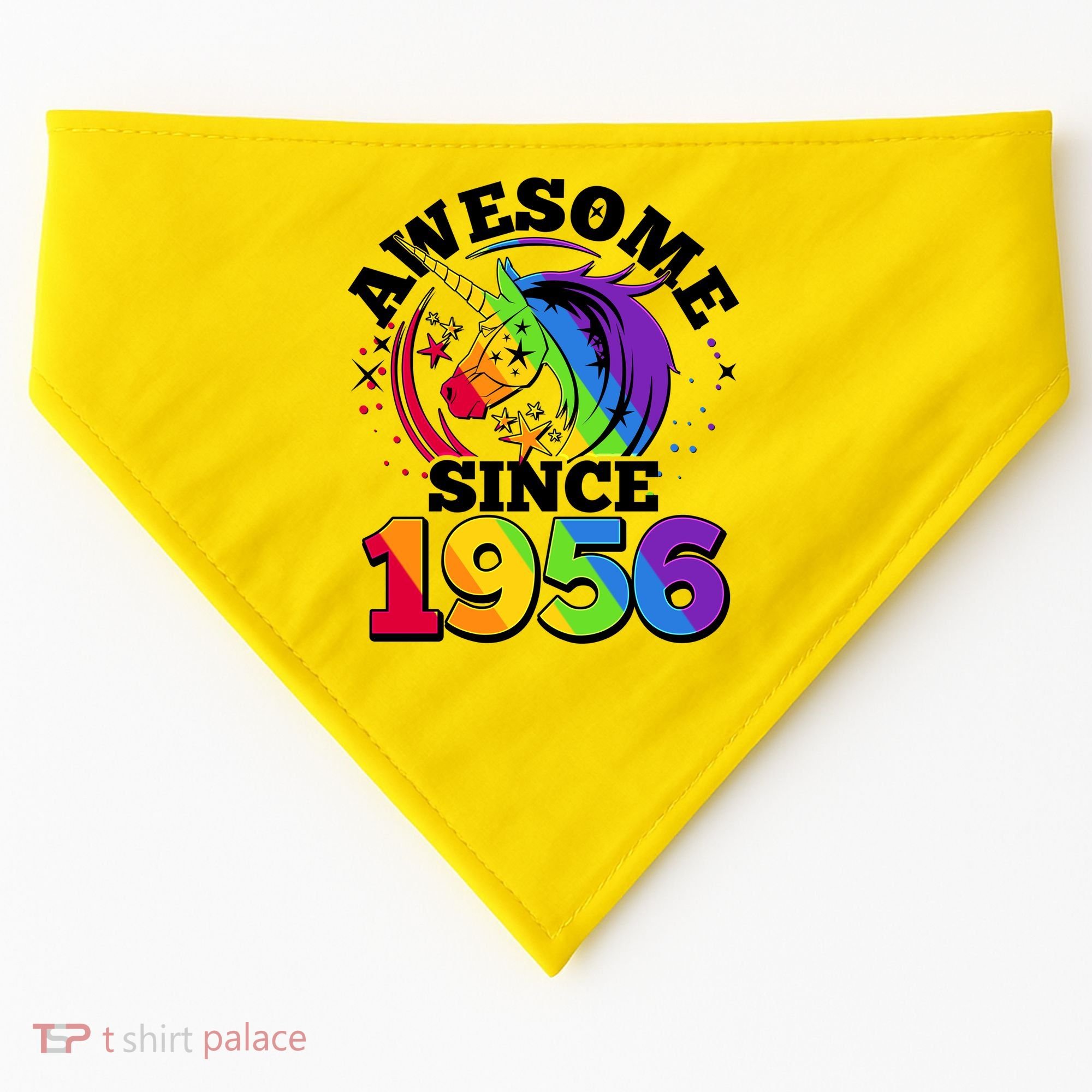 70th Birthday Rainbow Unicorn Awesome Since 1956 USA-Made Doggie Bandana