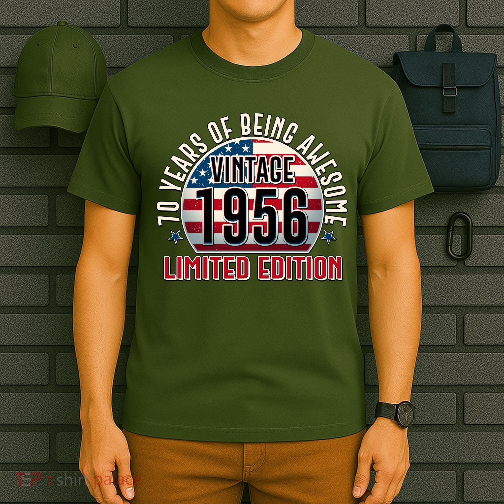 70th Birthday Vintage 1956 Limited Edition Years Of Being Awesome USA Flag  T-Shirt