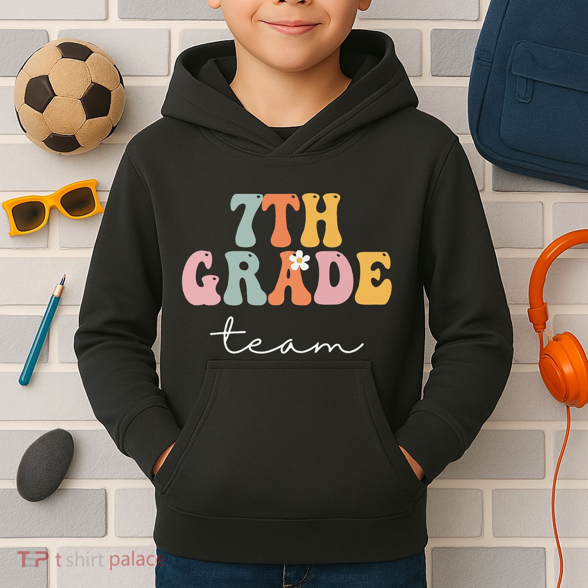 7th Grade Team Retro Groovy Funny Happy First Day Of School Kids Hoodie