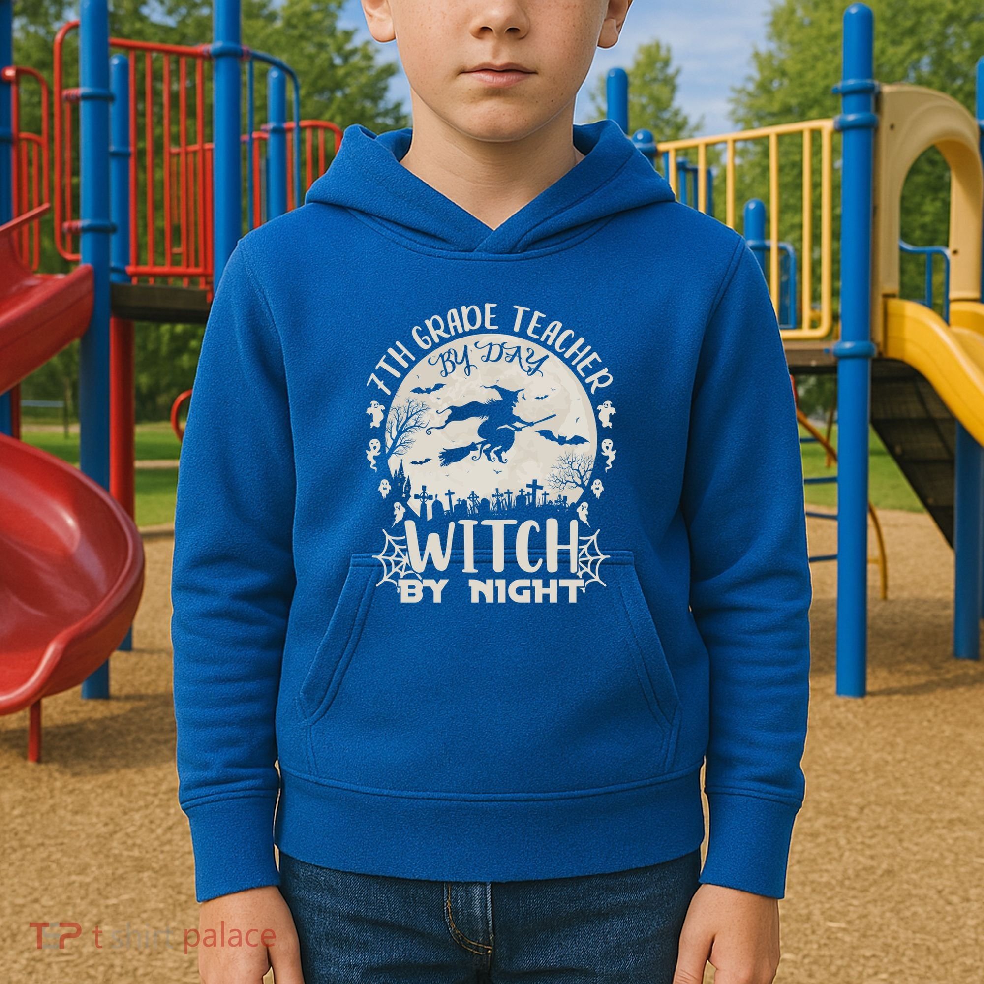 7Th Grade Teacher By Day Witch By Night Funny Halloween Gift Kids Hoodie