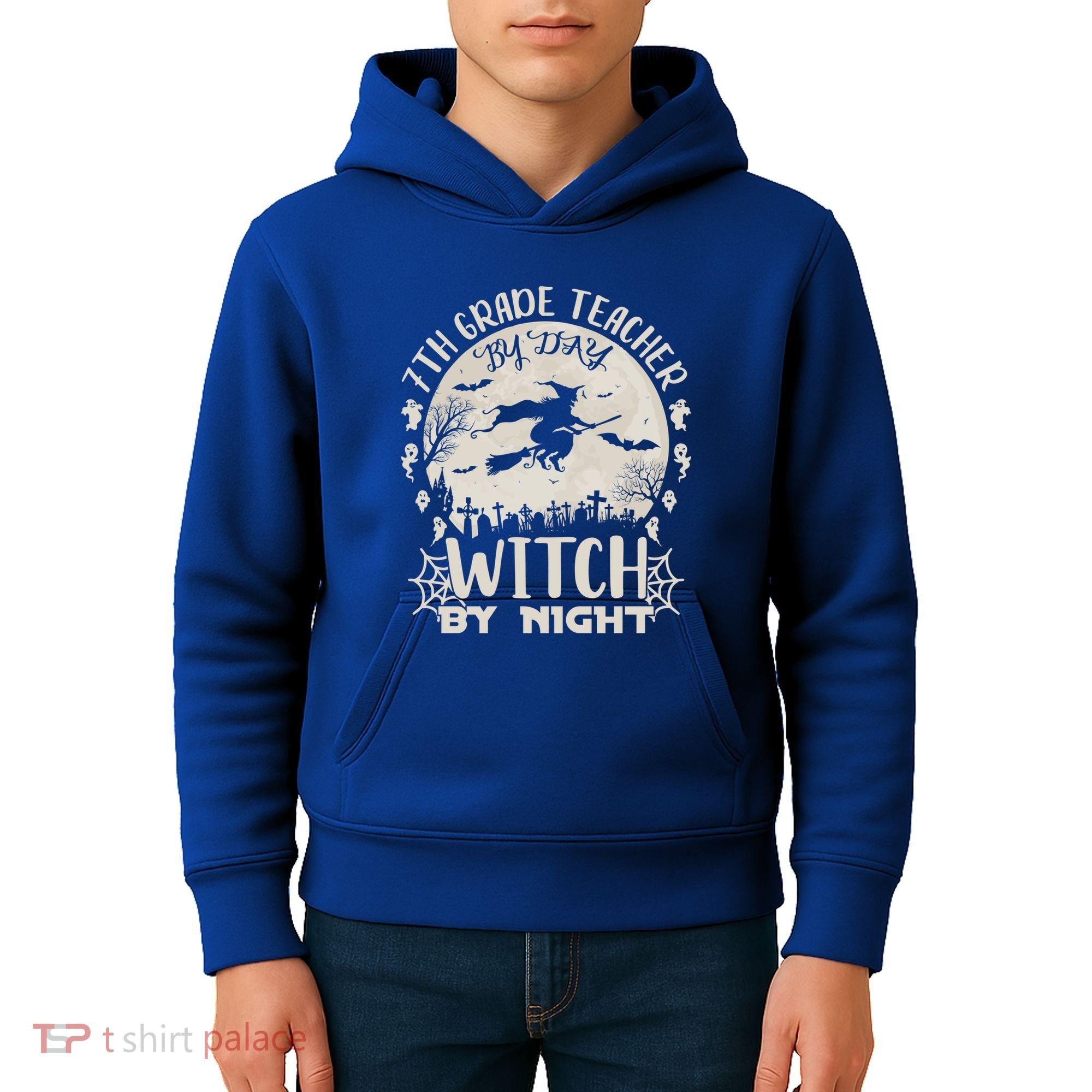 7Th Grade Teacher By Day Witch By Night Funny Halloween Gift Kids Hoodie