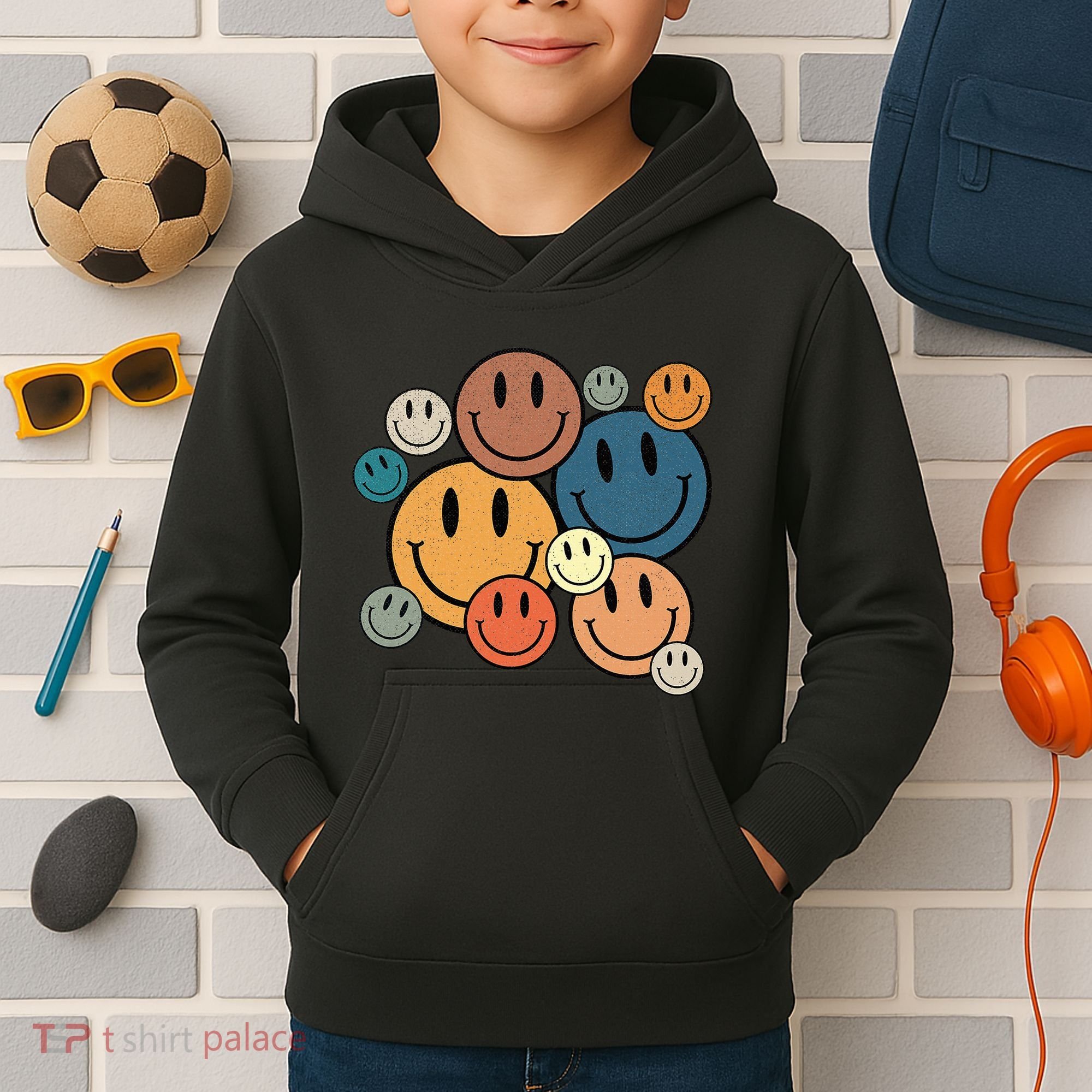 70s Retro Smile Face Cute Happy Peace Smiling Face Kids Hoodie