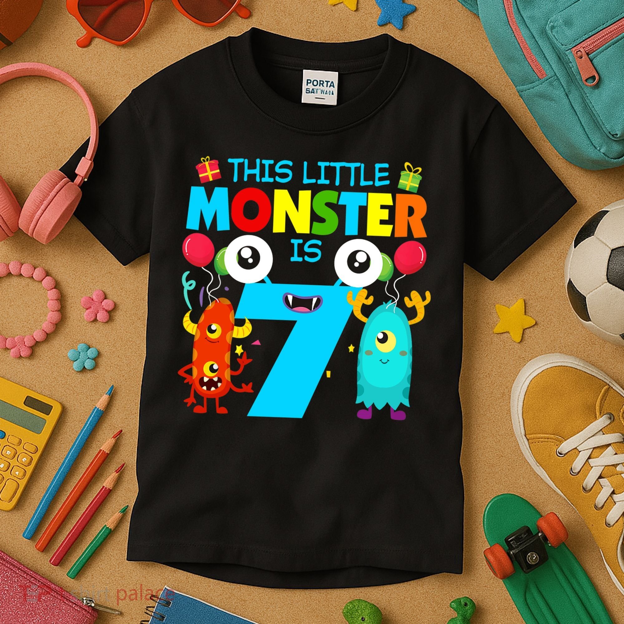 7 Year Old Gifts This Little Monster Is 7th Birthday Boy Kids T-Shirt