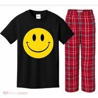 70s Yellow Smile Face Cute Happy Peace Smiling Face Kids Plaid Pajama Set thumb 0