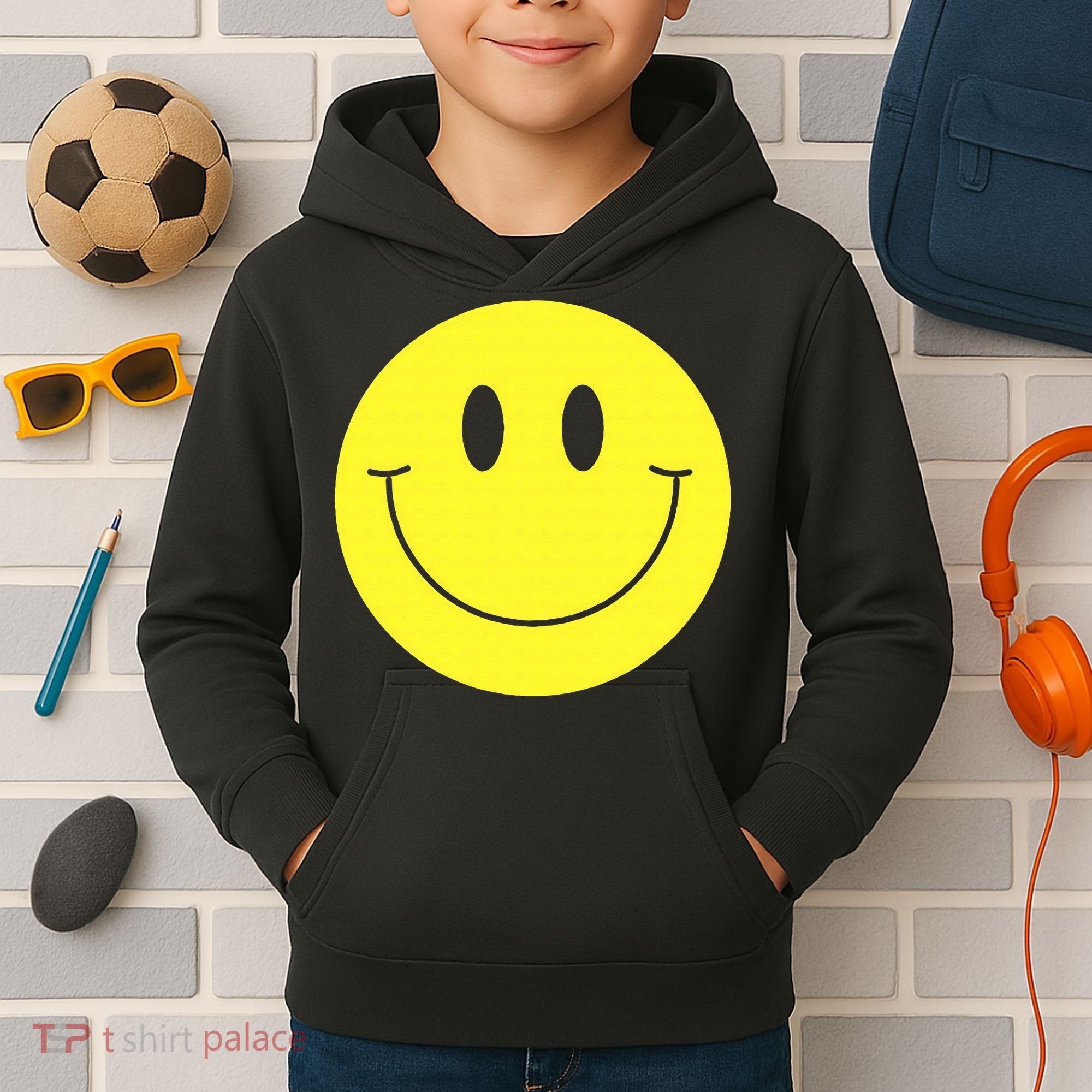70s Yellow Smile Face Cute Happy Peace Smiling Face Kids Hoodie