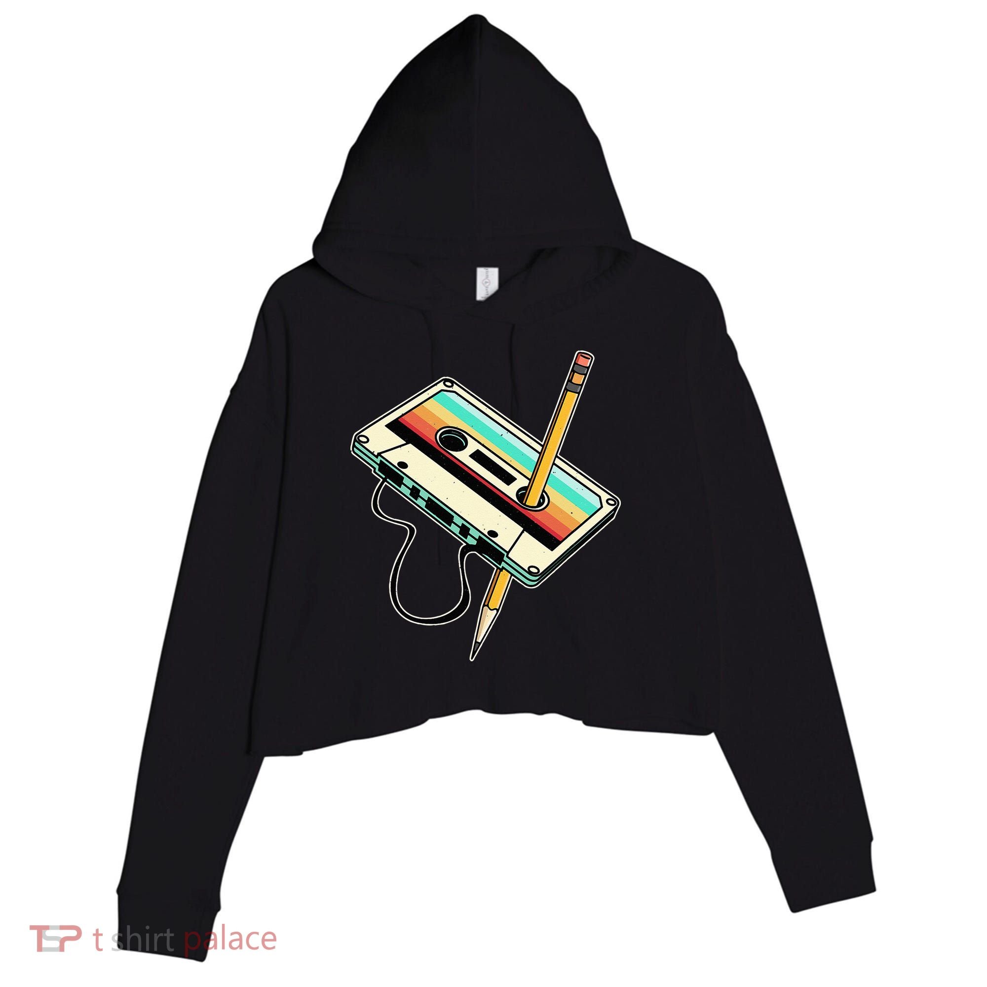 80s 90s Retro Party Costume Nostalgia Cassette Crop Fleece Hoodie