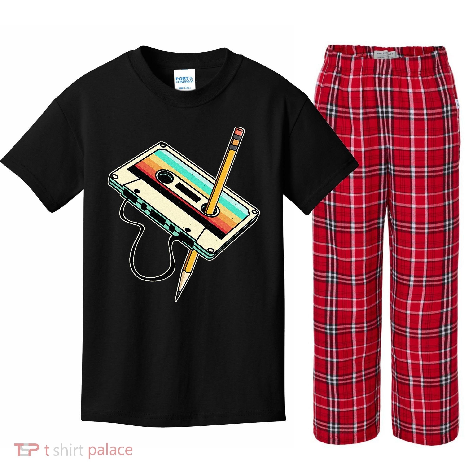 80s 90s Retro Party Costume Nostalgia Cassette Kids Plaid Pajama Set