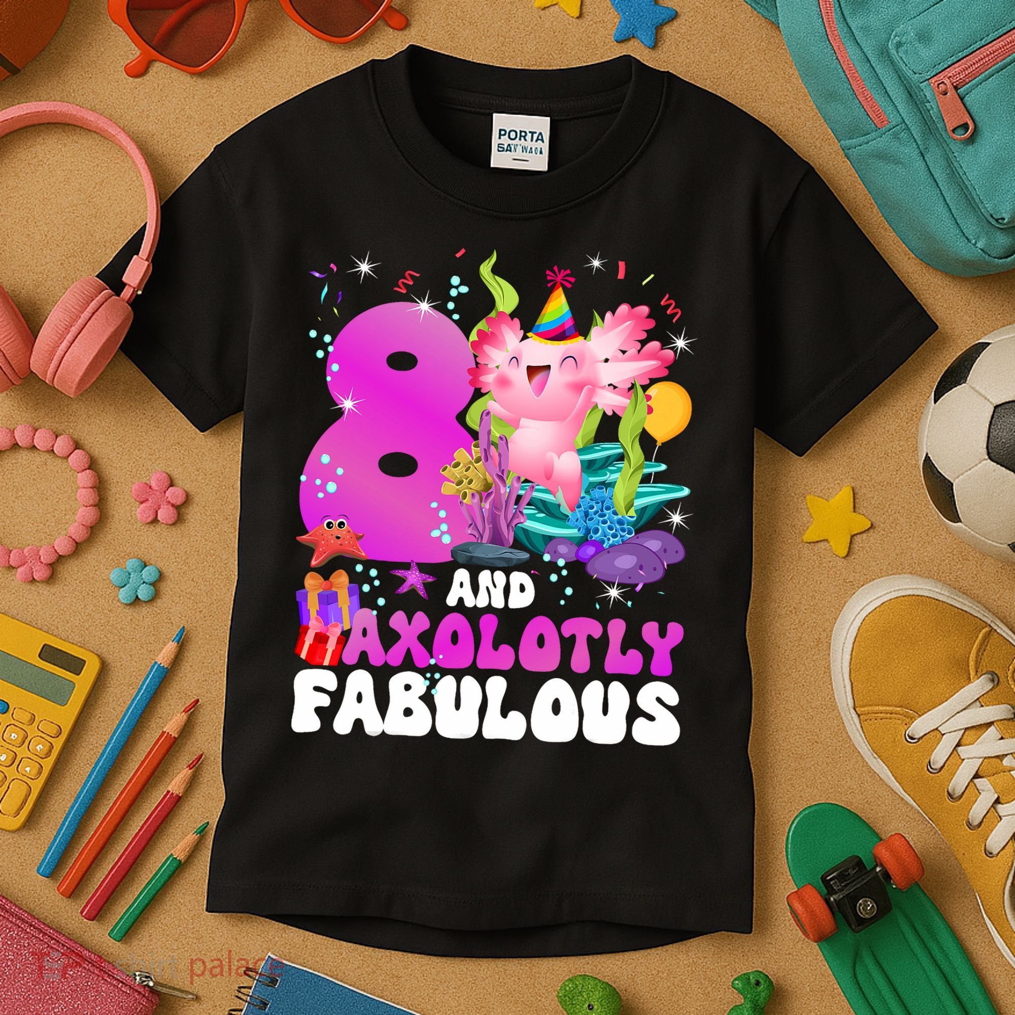 8th Axolotl Birthday Party Eight Year Old Axolotl Birthday Kids T-Shirt